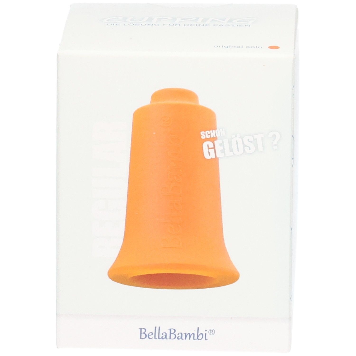 Orangefarbener Schröpfkopf in weißer Verpackung. Marke Bella Bambi. Text: Schon gelöst?