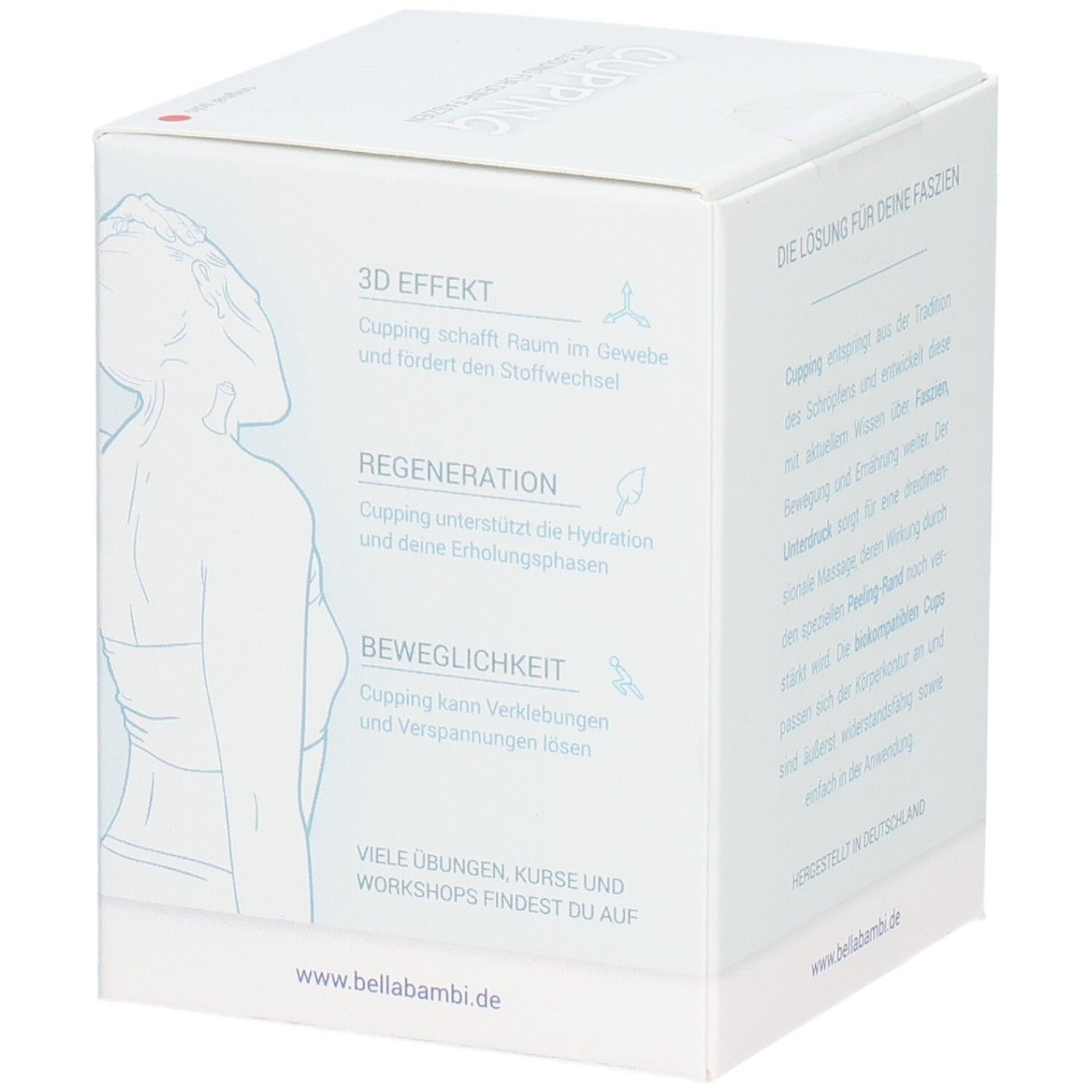 Verpackung mit Text und Illustrationen. Produktname und Marke nicht sichtbar. Text über Cupping und Vorteile.