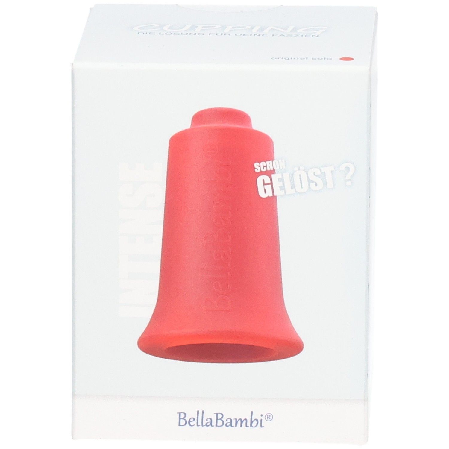 Roter Schröpfkopf in Verpackung. Produktname und Marke nicht sichtbar. Aufschrift: SCHON GELÖST? Marke BellaBambi®.