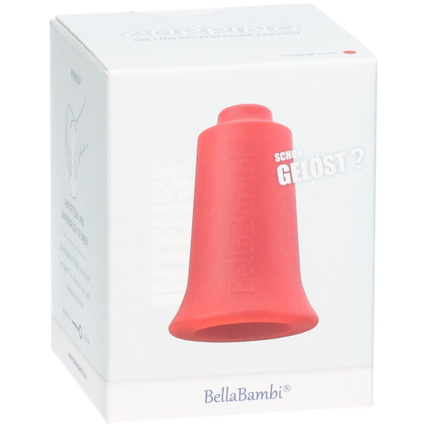 Roter Schröpfkopf in Verpackung. Produktname und Marke nicht sichtbar. Aufschrift: SCHON GELÖST? Marke BellaBambi®.