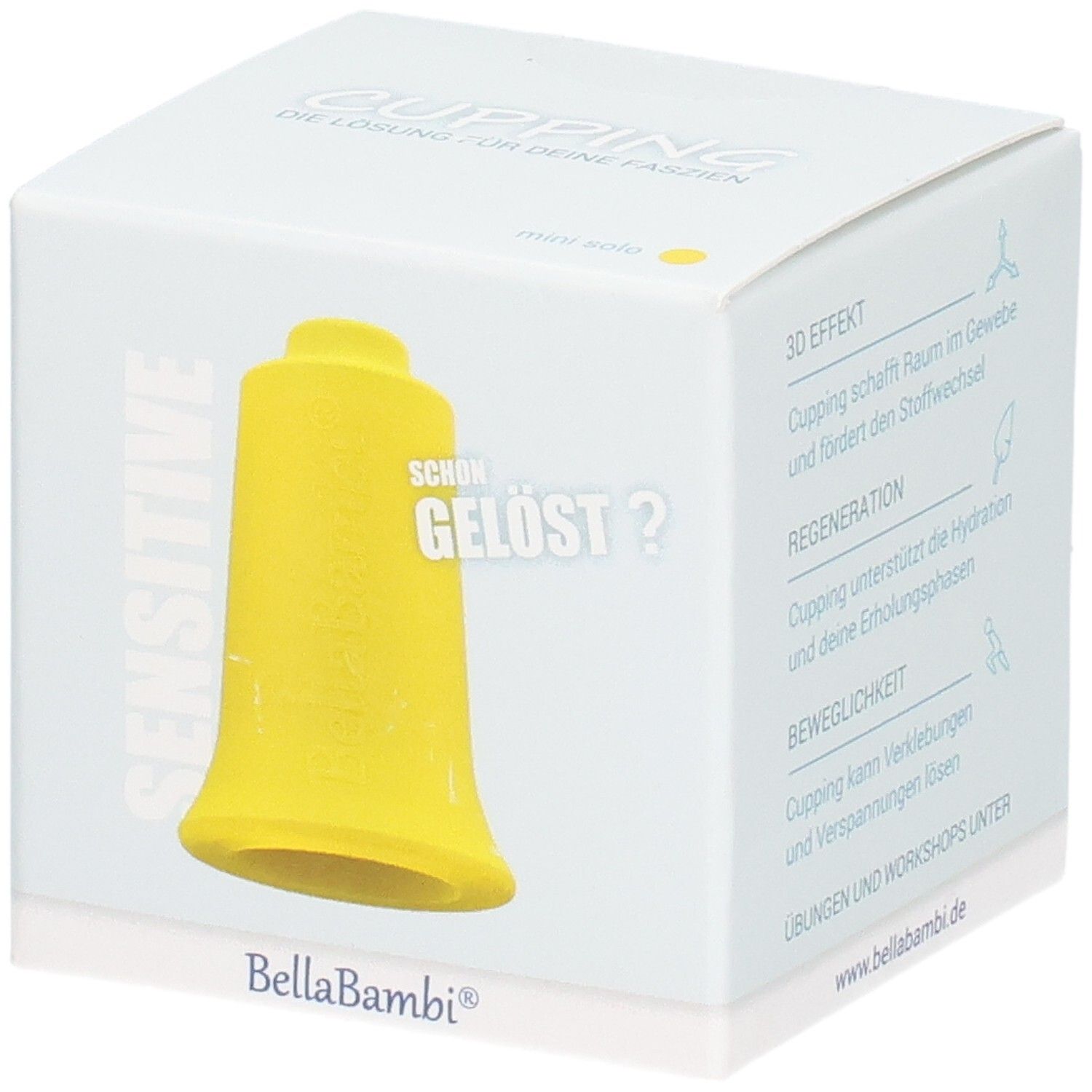 Gelber Schröpfkopf in weißer Verpackung. Aufschrift: Sensitive, BellaBambi. Text: Cupping, die Lösung für deine Faszien.
