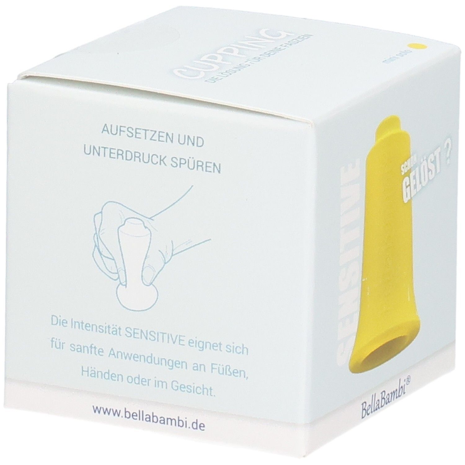 Weiße Verpackung mit gelbem Schröpfkopf. Illustration: Hand, Schröpfkopf. Text: Aufsetzen und Unterdruck spüren. www.bellabambi.de