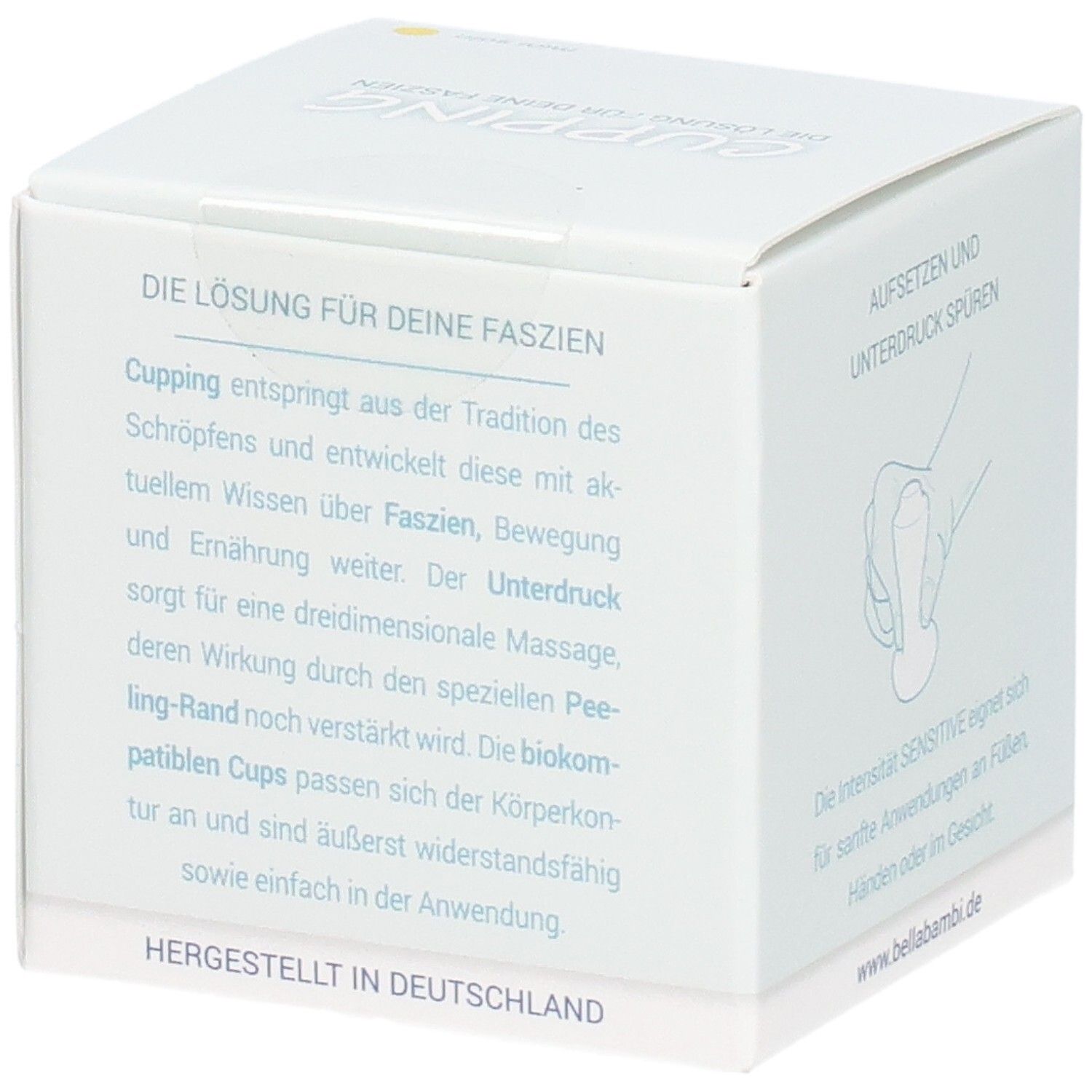 Weiße Verpackung mit Text. Text: Die Lösung für deine Faszien. Hergestellt in Deutschland. www.bellabambi.de. Illustration: Hand, Schröpfkopf.
