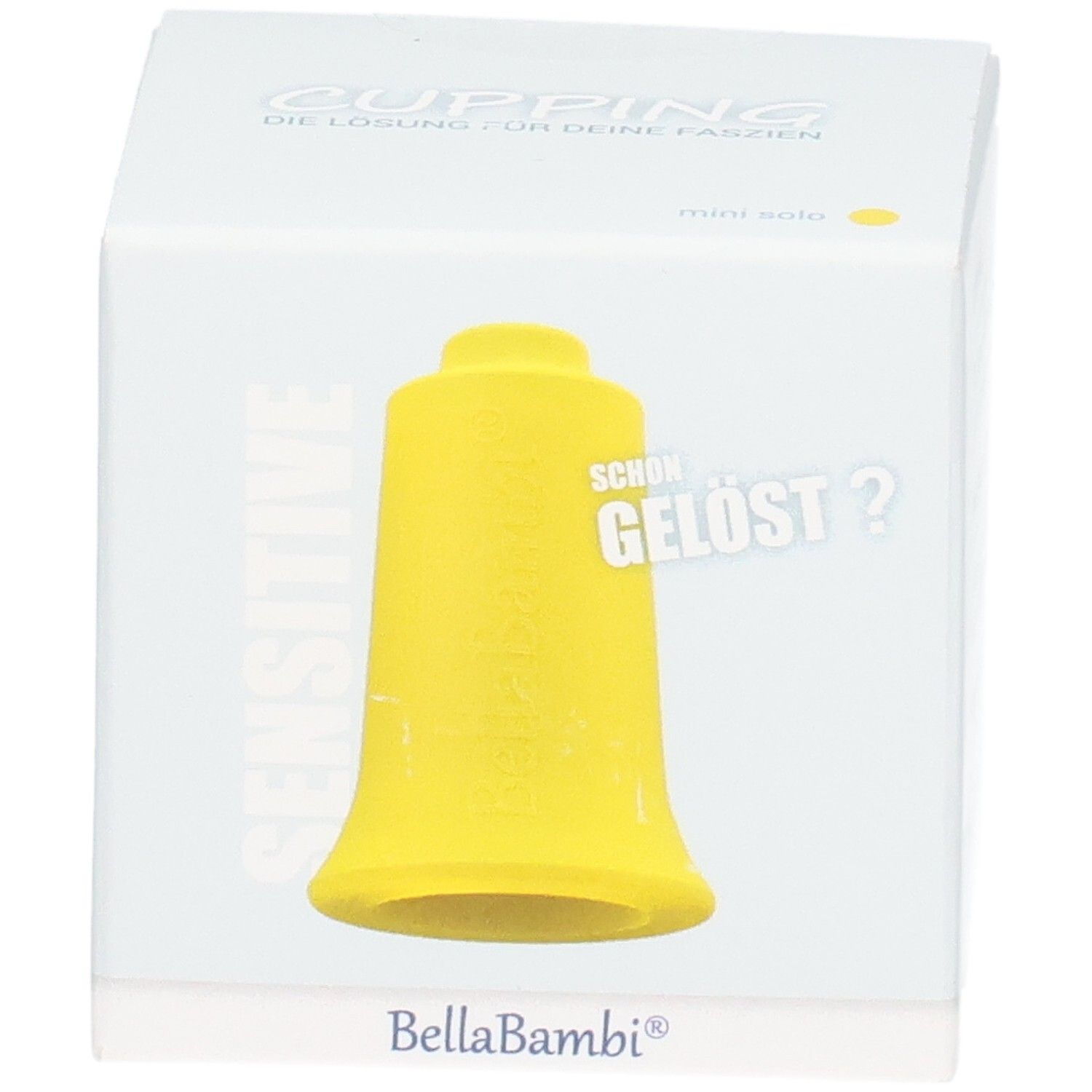Gelber Schröpfkopf in weißer Verpackung. Aufschrift: Sensitive, BellaBambi. Text: Cupping, die Lösung für deine Faszien. mini solo.