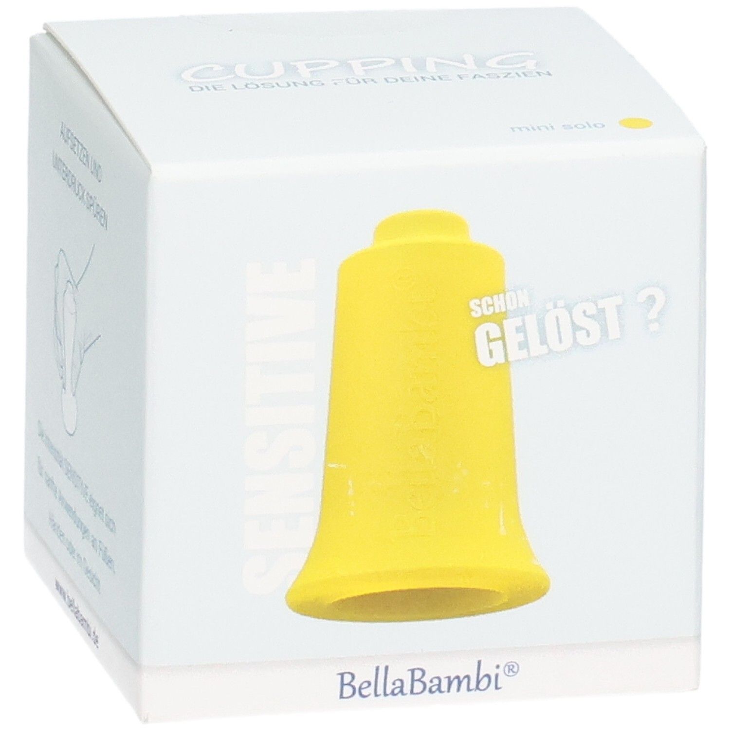 Gelber Schröpfkopf in weißer Verpackung. Aufschrift: Sensitive, BellaBambi. Text: Cupping, die Lösung für deine Faszien. mini solo. Illustration: Hand, Schröpfkopf.