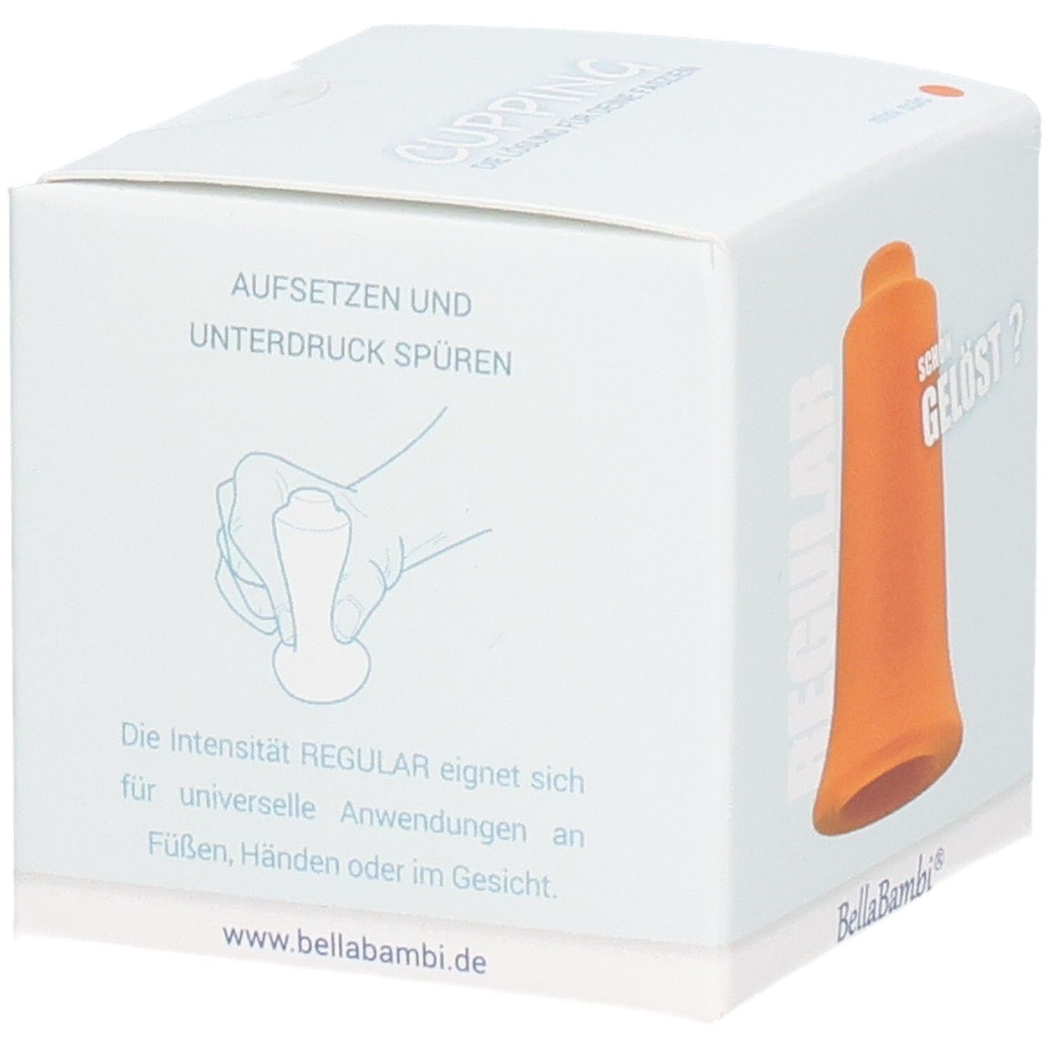Weiße Verpackung mit orangefarbenem Schröpfkopf. Text: REGULAR, Bella Bambi, www.bellabambi.de.