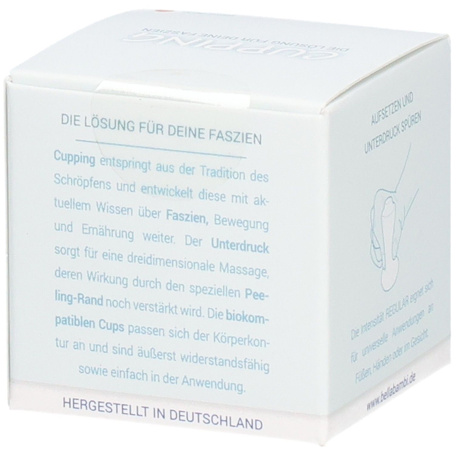 Weiße Verpackung mit Text. Text: DIE LÖSUNG FÜR DEINE FASZIEN, HERGESTELLT IN DEUTSCHLAND, www.bellabambi.de.