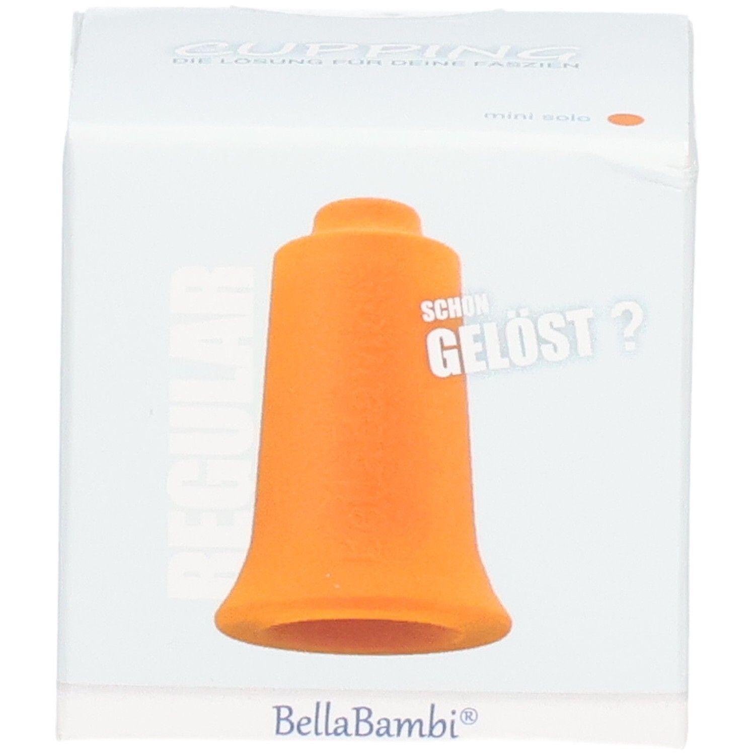 Orangefarbener Schröpfkopf mini in weißer Verpackung. Text: REGULAR, SCHON GELÖST?, Bella Bambi.