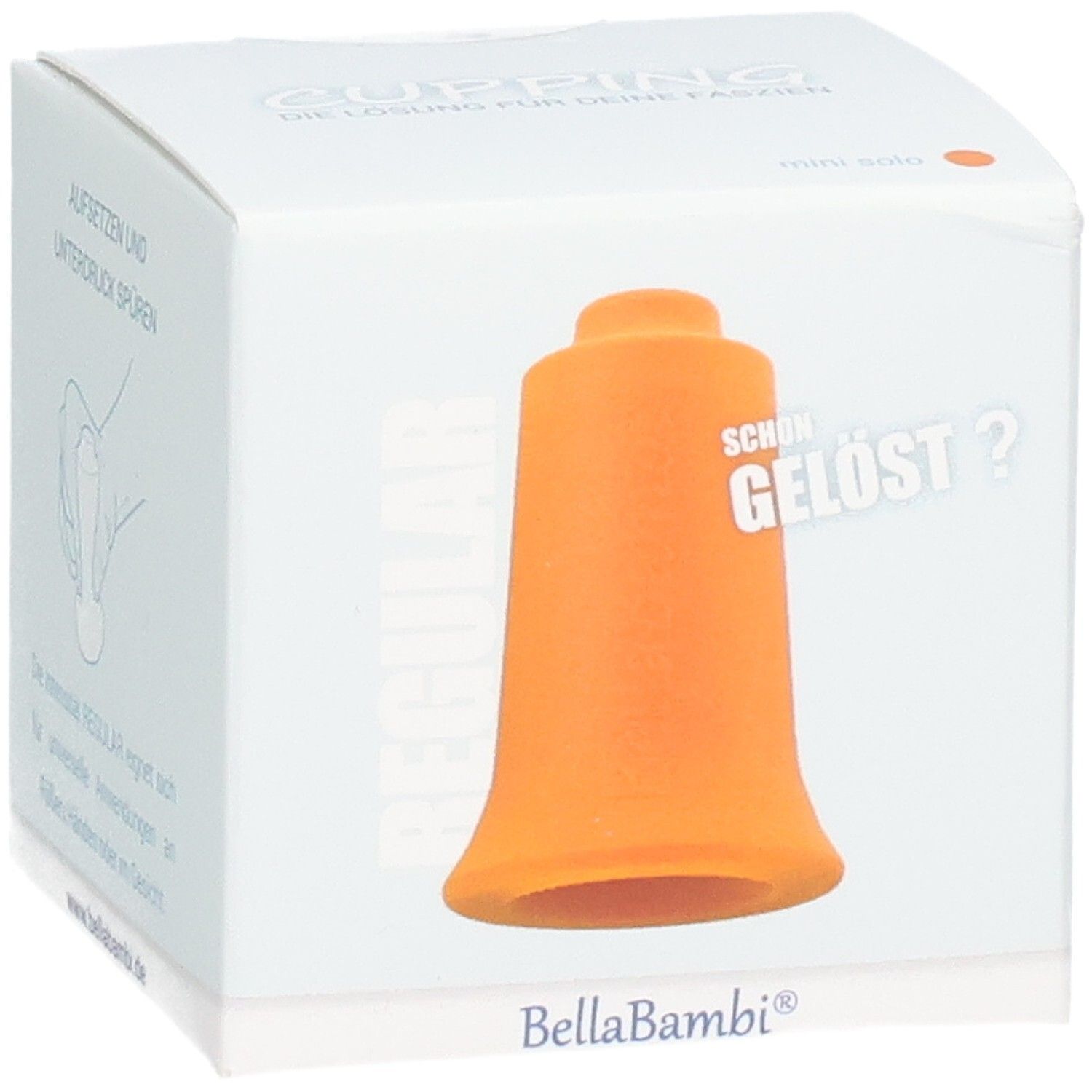 Weiße Verpackung mit orangefarbenem Schröpfkopf. Text: REGULAR, SCHON GELÖST?, Bella Bambi.