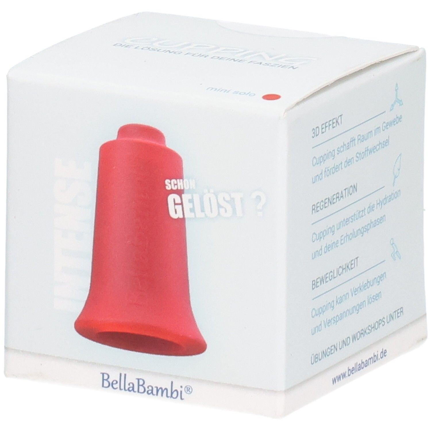 Roter Schröpfkopf mini in Verpackung. Aufschrift: BellaBambi, Intense. Box mit Produktabbildung und Texten.