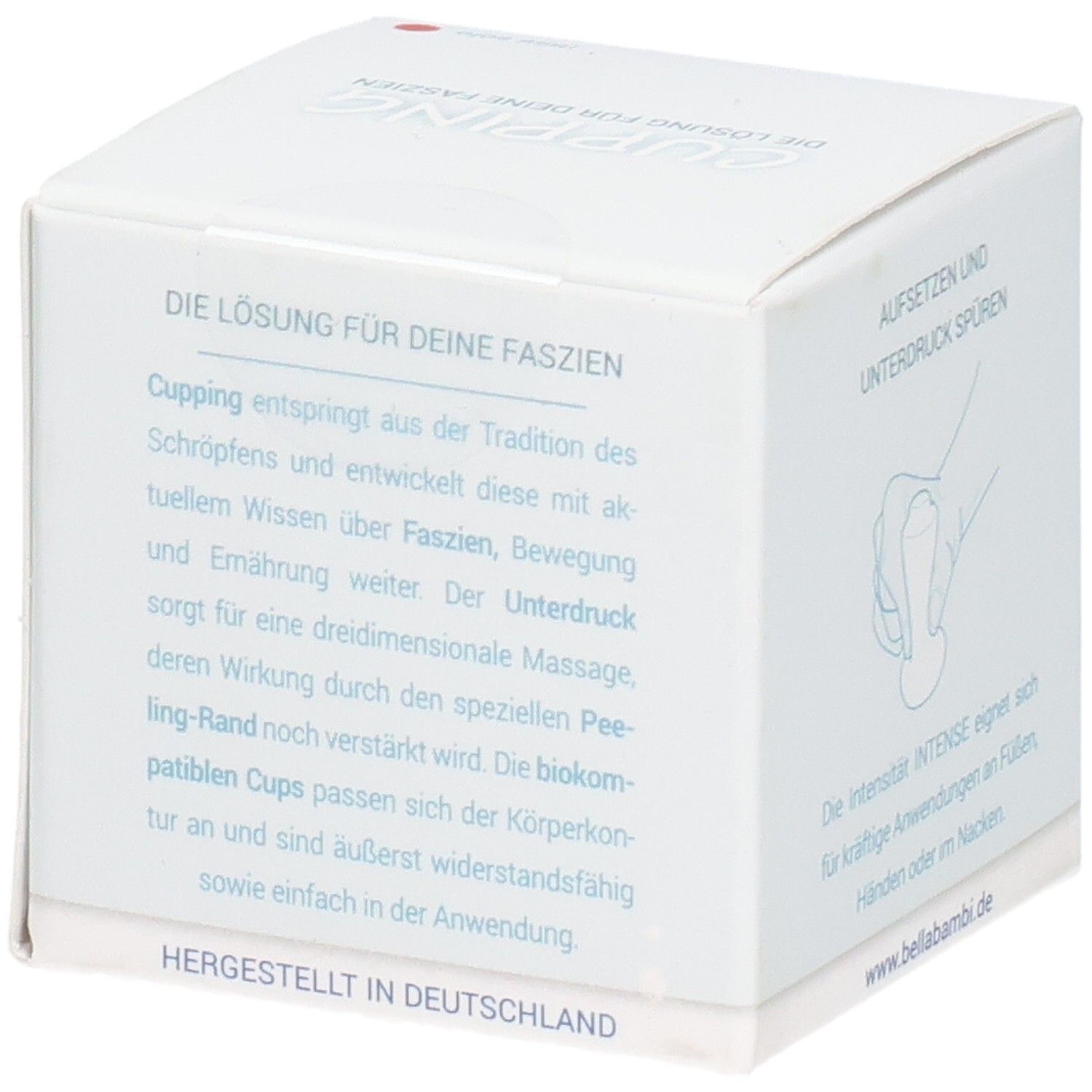 Verpackung mit Texten. Aufschrift: Die Lösung für deine Faszien. Hergestellt in Deutschland. Ohne Produktabbildung.