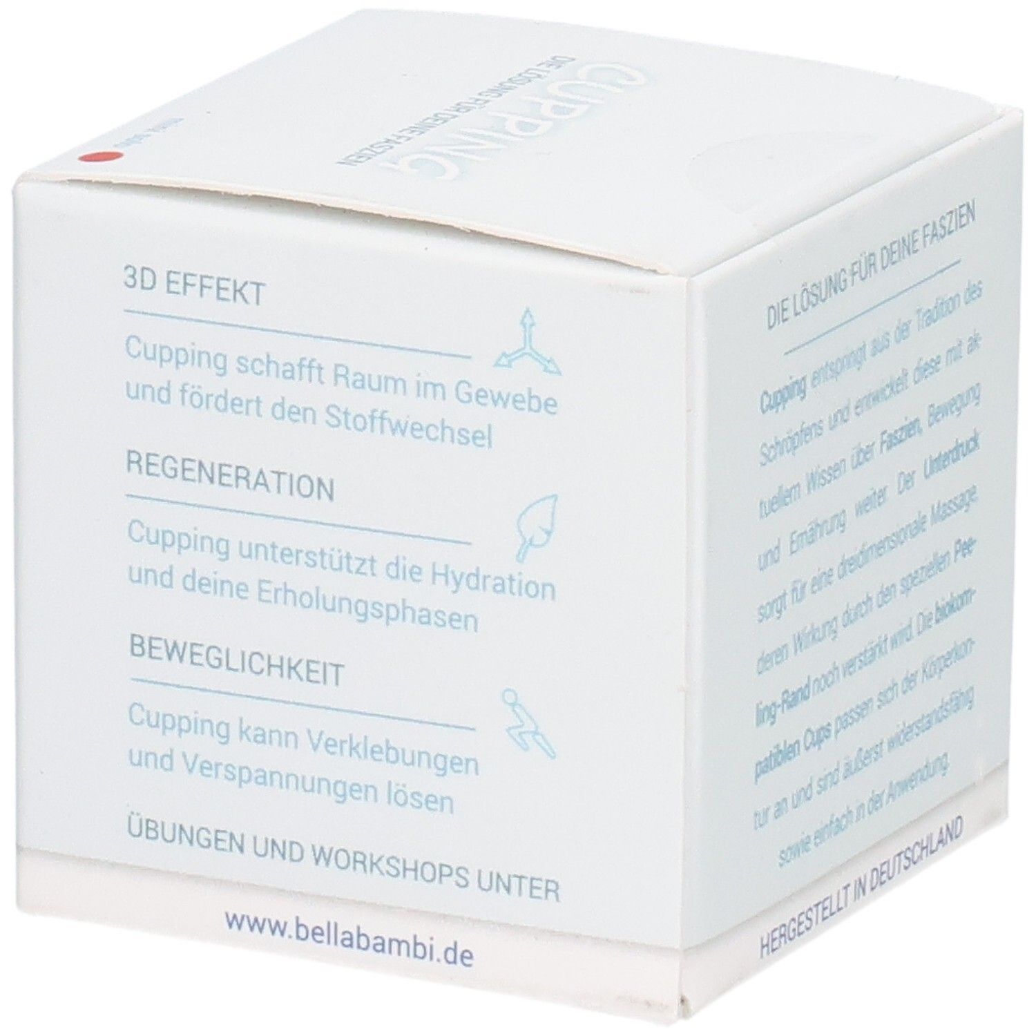 Verpackung mit Texten. Aufschrift: Die Lösung für deine Faszien. 3D Effekt, Regeneration, Beweglichkeit. Hergestellt in Deutschland.