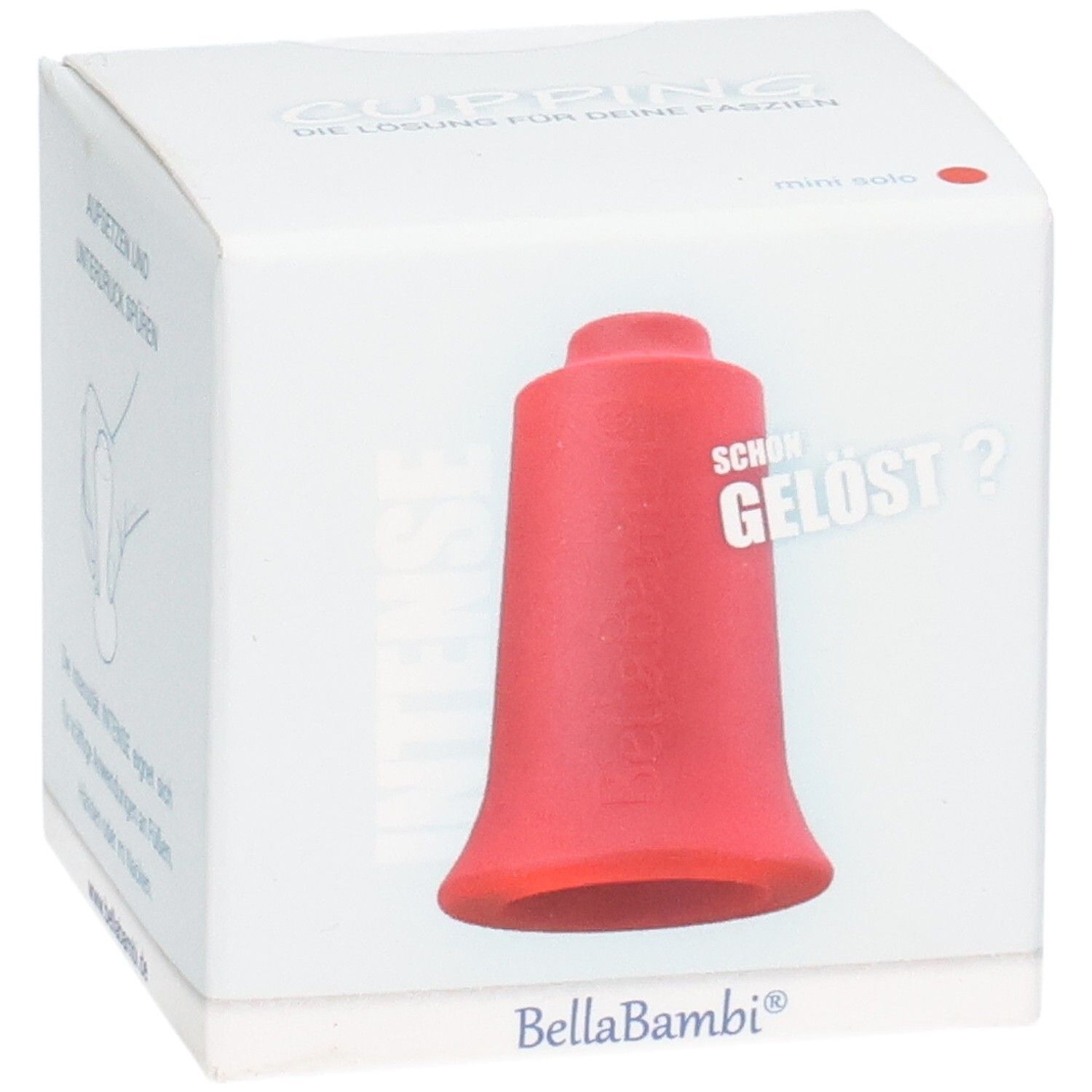 Verpackung mit rotem Schröpfkopf mini. Aufschrift: BellaBambi, mini solo. Illustration: Hand mit Schröpfkopf.