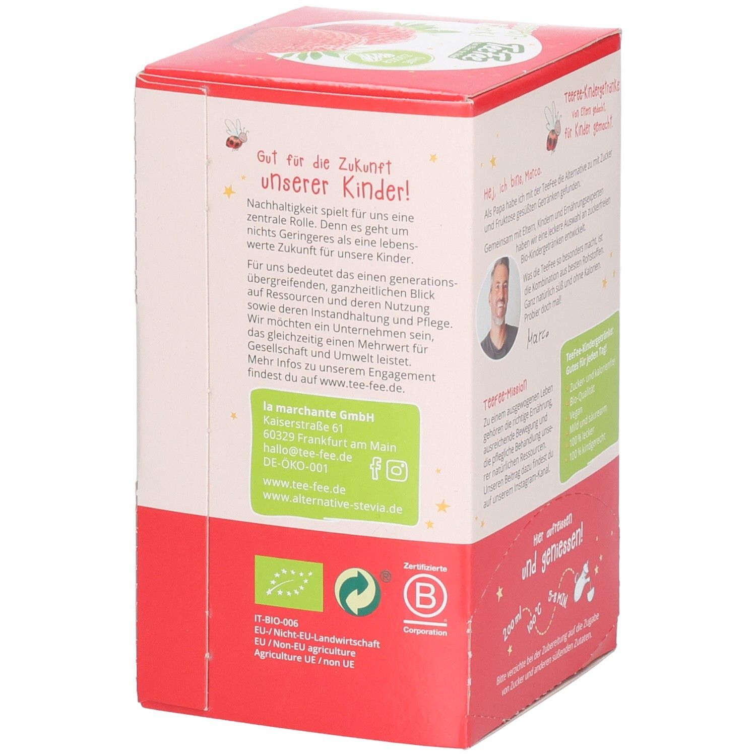 Teebox-Seite mit Text und Logos. Text: Gut für die Zukunft unserer Kinder!, Bio-Siegel, EU-Landwirtschaft, B-Corp-Zertifizierung.