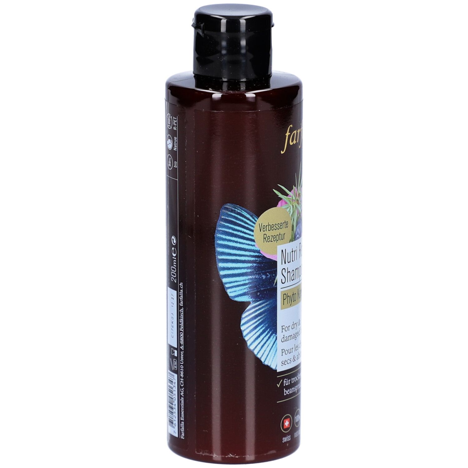 Braune Shampoo-Flasche, Seitenansicht. Aufschrift: Nutri Repair Shampoo, Phyto Keratin. Für trockenes & beanspruchtes Haar. 200ml.