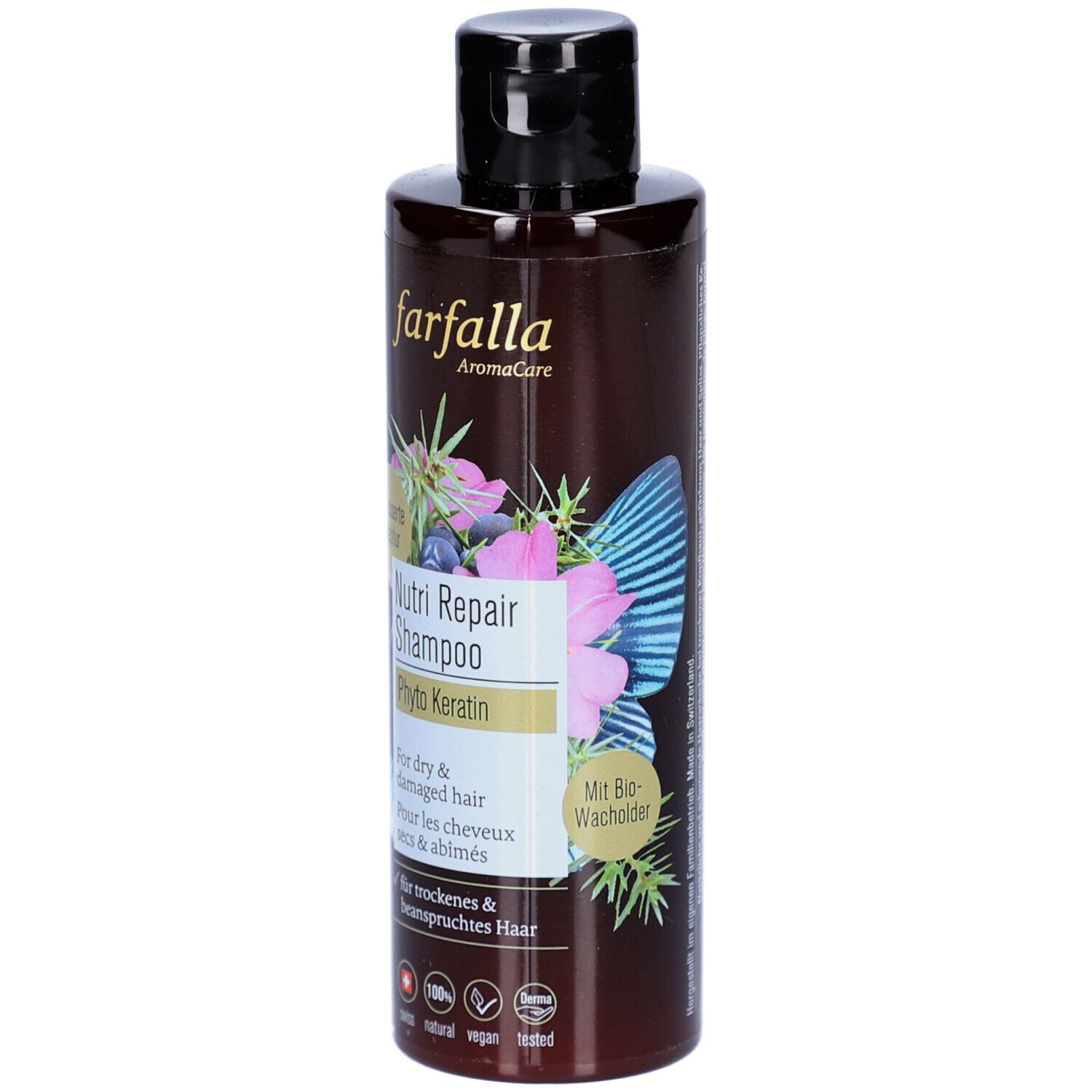 Braune Shampoo-Flasche mit schwarzem Deckel. Aufschrift: Farfalla AromaCare, Nutri Repair Shampoo, Phyto Keratin. Für trockenes & beanspruchtes Haar.