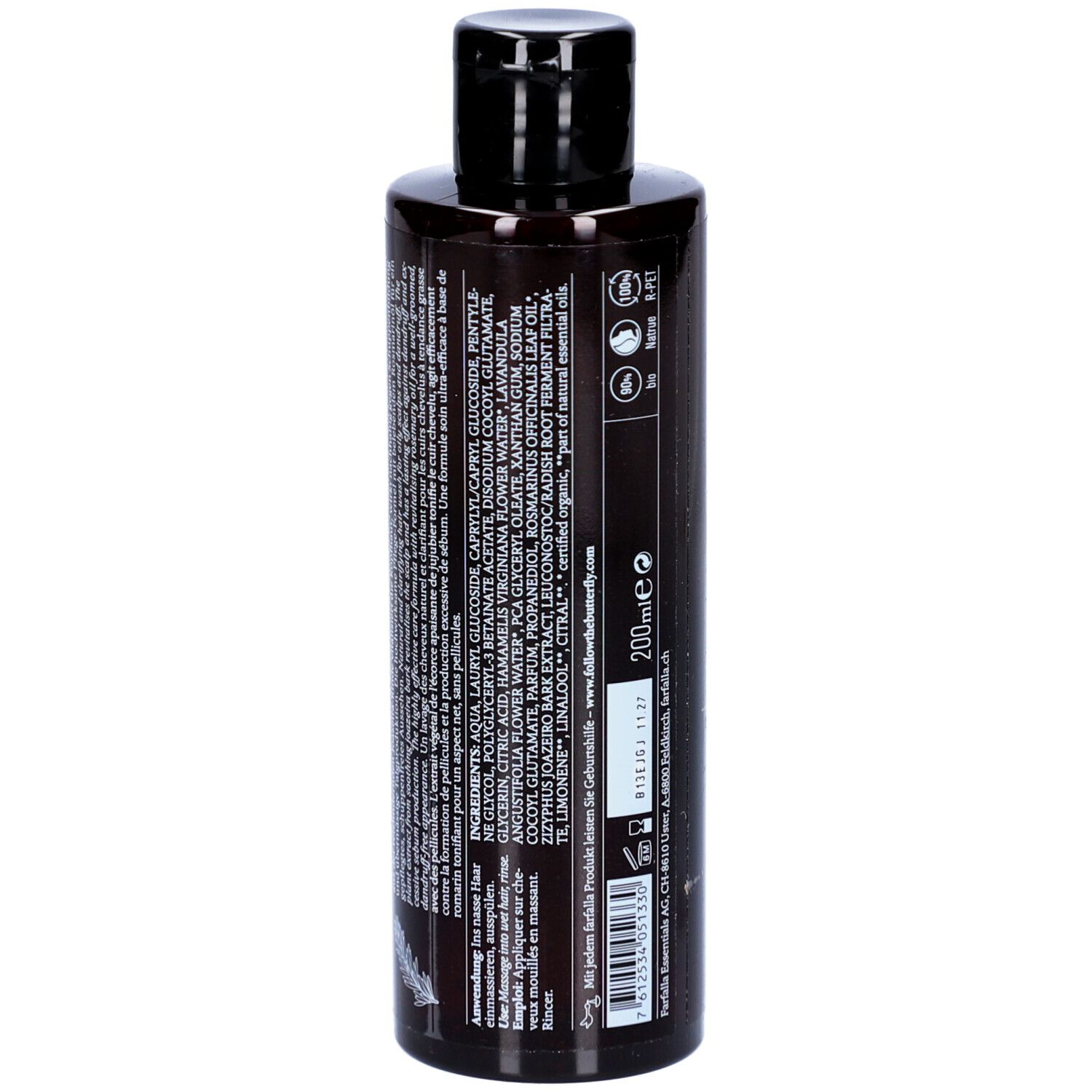 Rückseite der braunen Flasche. Text: Inhaltsstoffe, 200ml. Mit verschiedenen Logos und Texten.