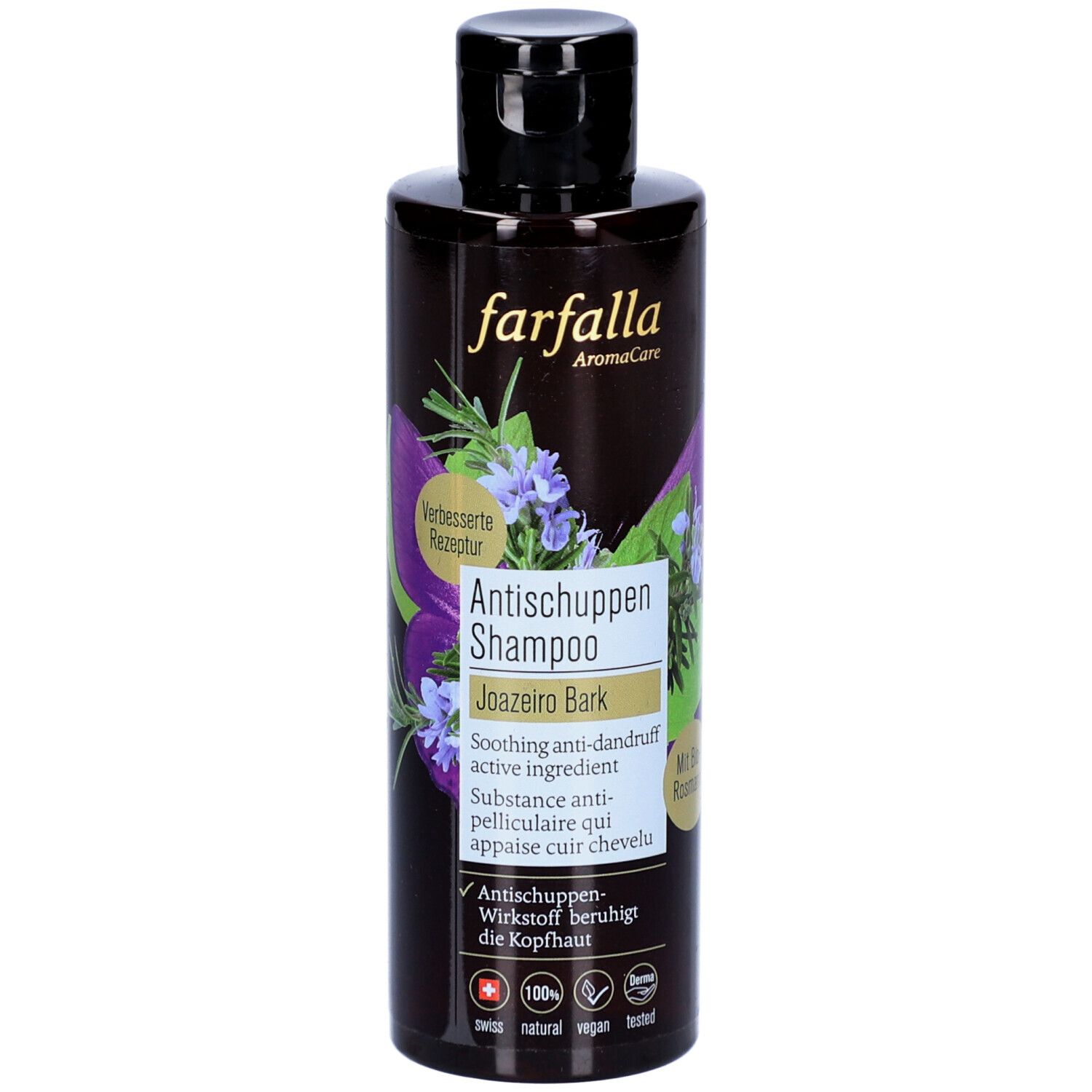Braune Flasche mit schwarzem Deckel. Aufschrift: Farfalla Antischuppen Shampoo Joazeiro Bark. Mit Logo und floralem Design.