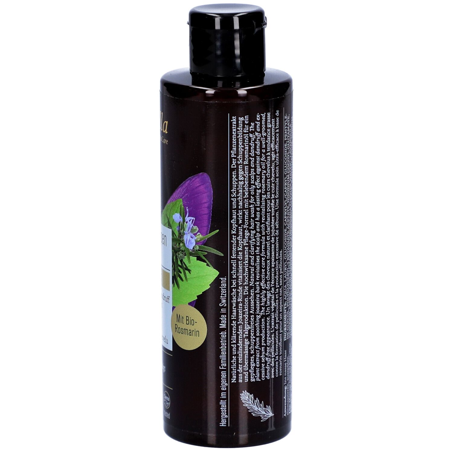 Rückseite der braunen Flasche. Text: Antischuppen Shampoo, 200ml. Mit floralem Design und verschiedenen Logos.