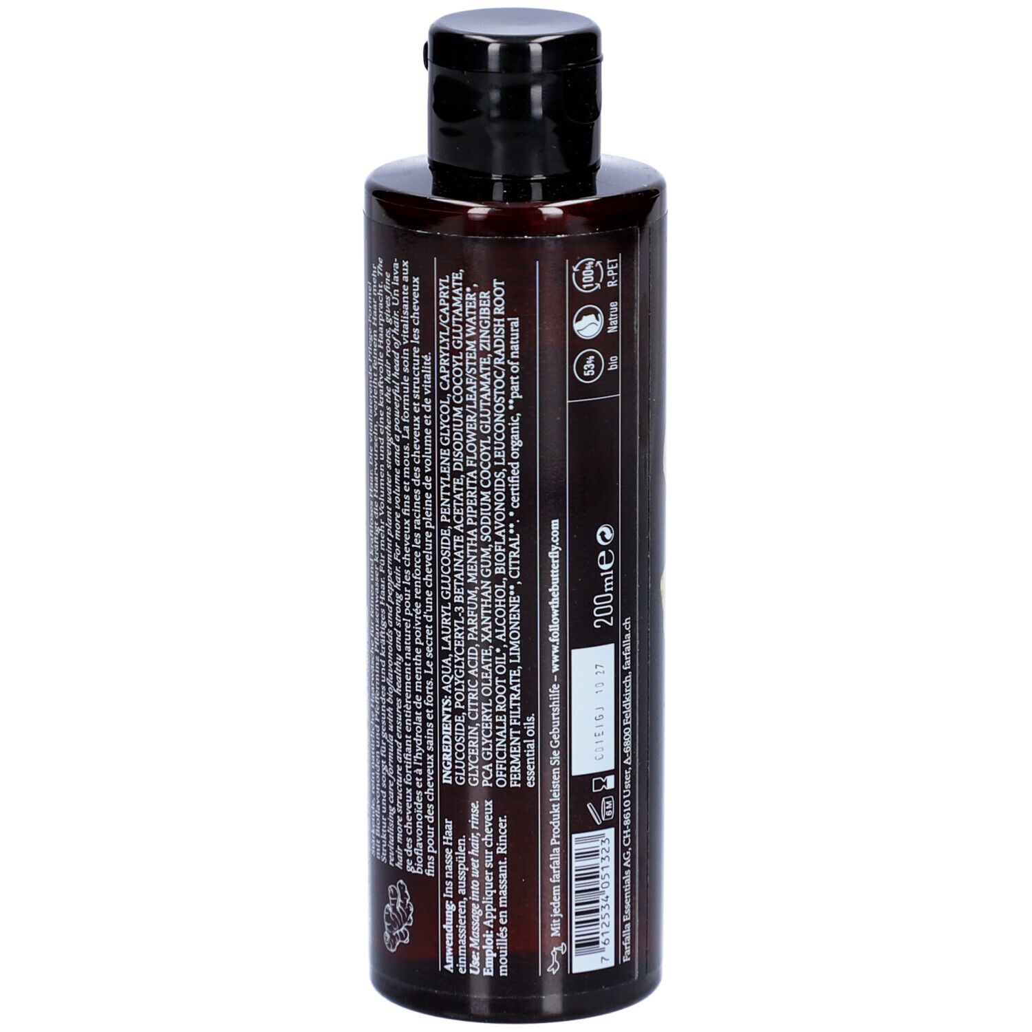 Rückseite einer braunen Shampoo-Flasche mit schwarzem Deckel. Text: Inhaltsstoffe, Herstellerinformationen, Logos.