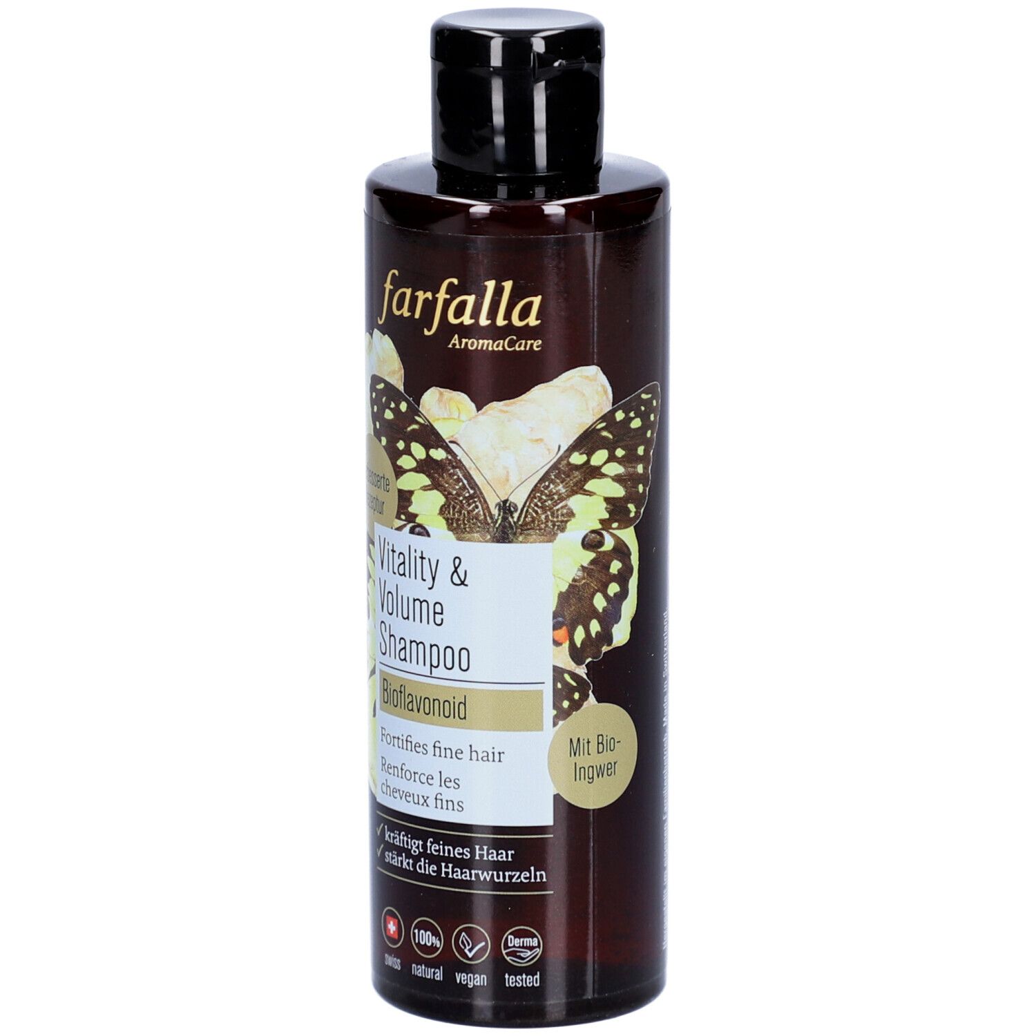 Braune Shampoo-Flasche mit schwarzem Deckel. Aufschrift: farfalla AromaCare, Vitality & Volume Shampoo, Bioflavonoid. Mit Schmetterlingsmotiv.