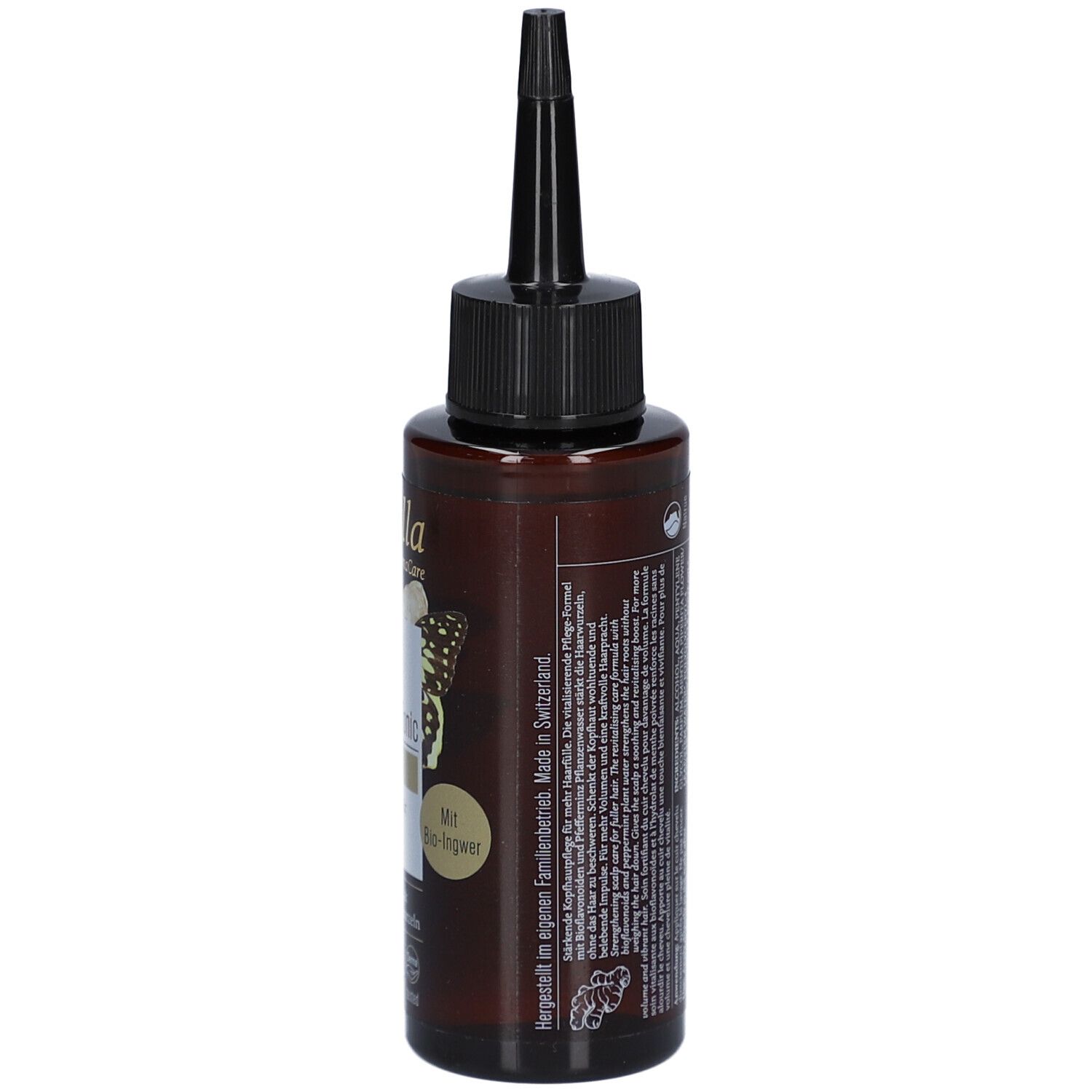 Braune Flasche mit schwarzem Applikator. Rückseite mit Text und Bio-Siegel. Hergestellt in der Schweiz.