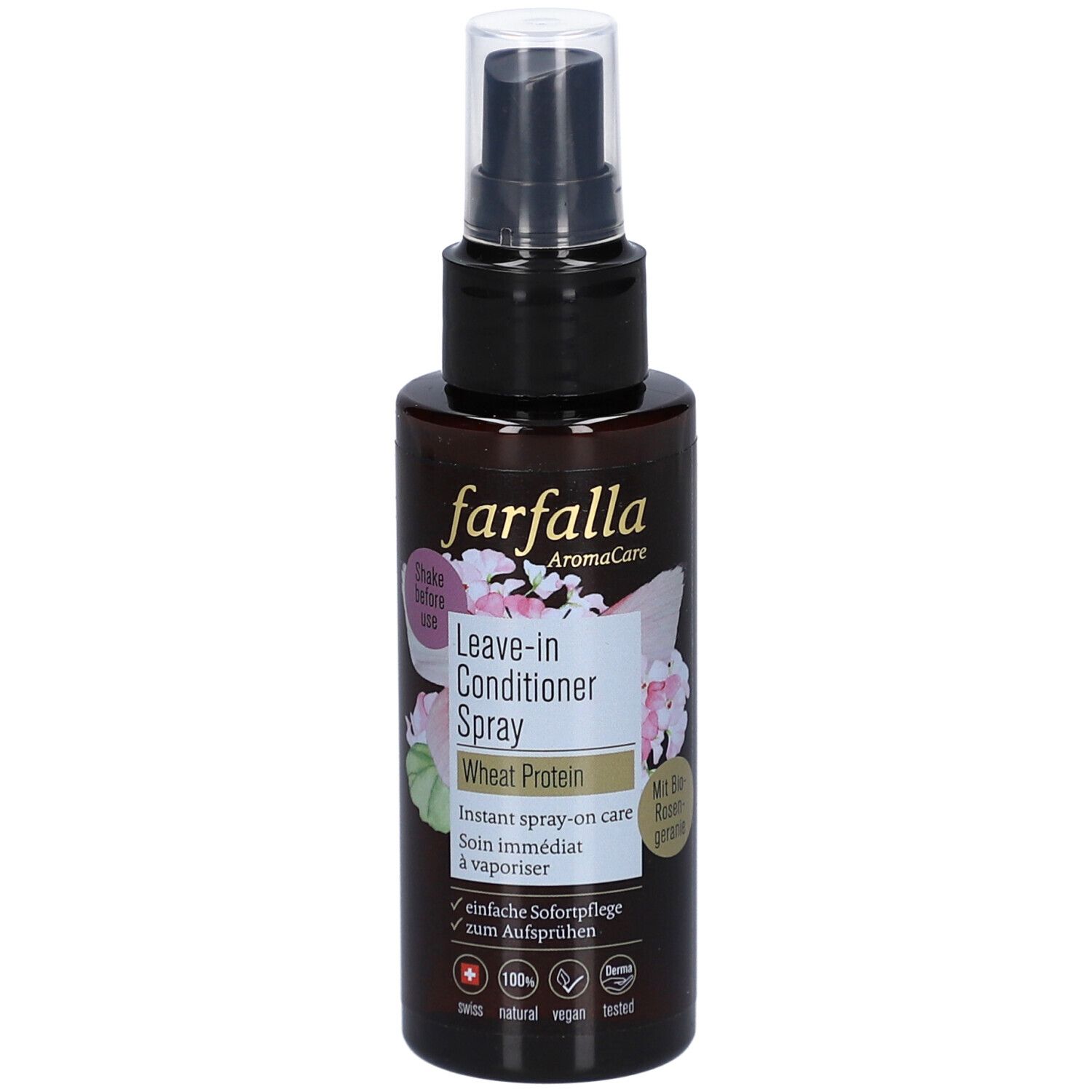 Braune Sprühflasche mit schwarzem Sprühkopf. Aufschrift: farfalla, Leave-in Conditioner Spray, Wheat Protein. Mit Blüten-Dekor.
