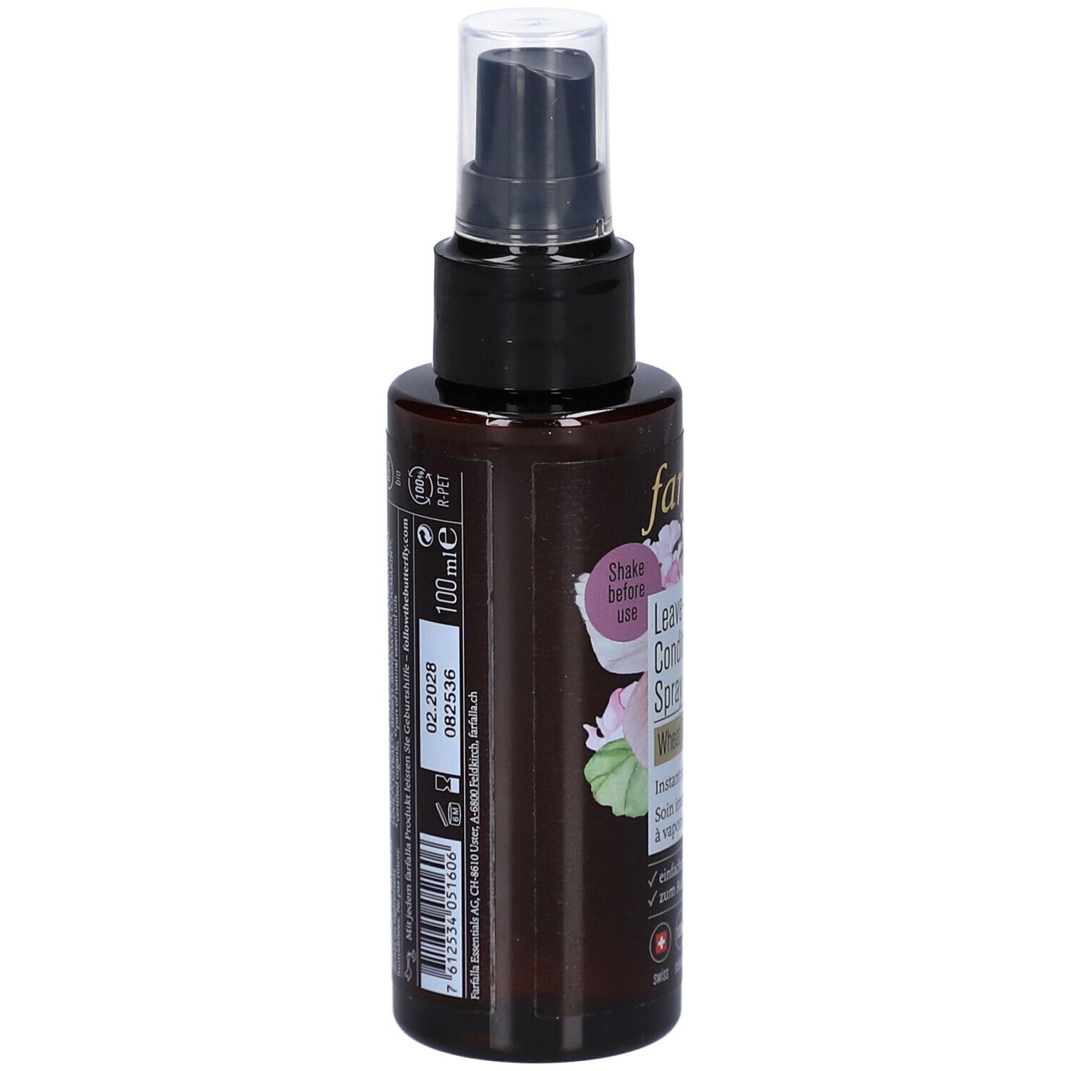 Braune Sprühflasche mit schwarzem Sprühkopf. Aufschrift: 100 ml, Haltbarkeit. Rückseite mit Text und Barcode.
