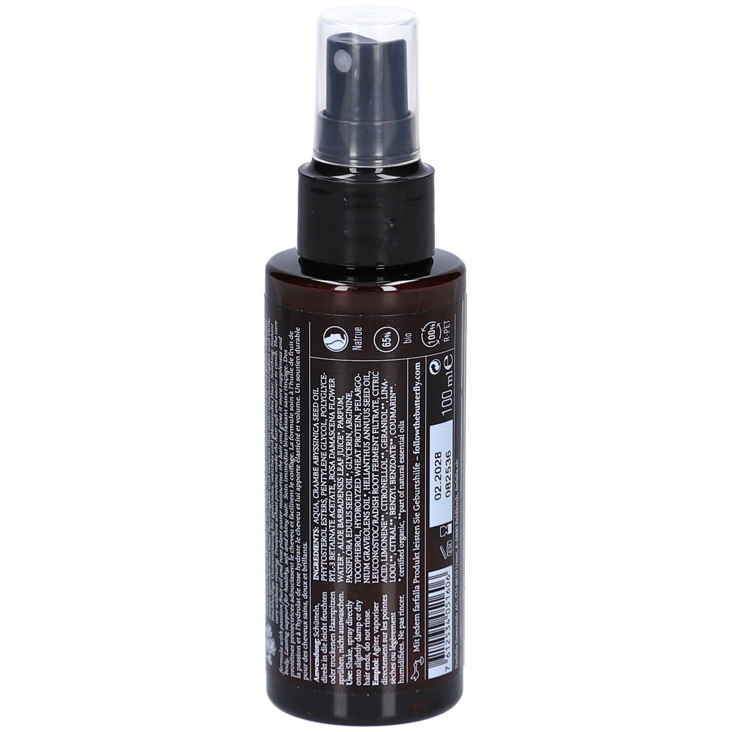 Braune Sprühflasche mit schwarzem Sprühkopf. Rückseite mit Inhaltsstoffen und Text. Aufschrift: 100 ml.