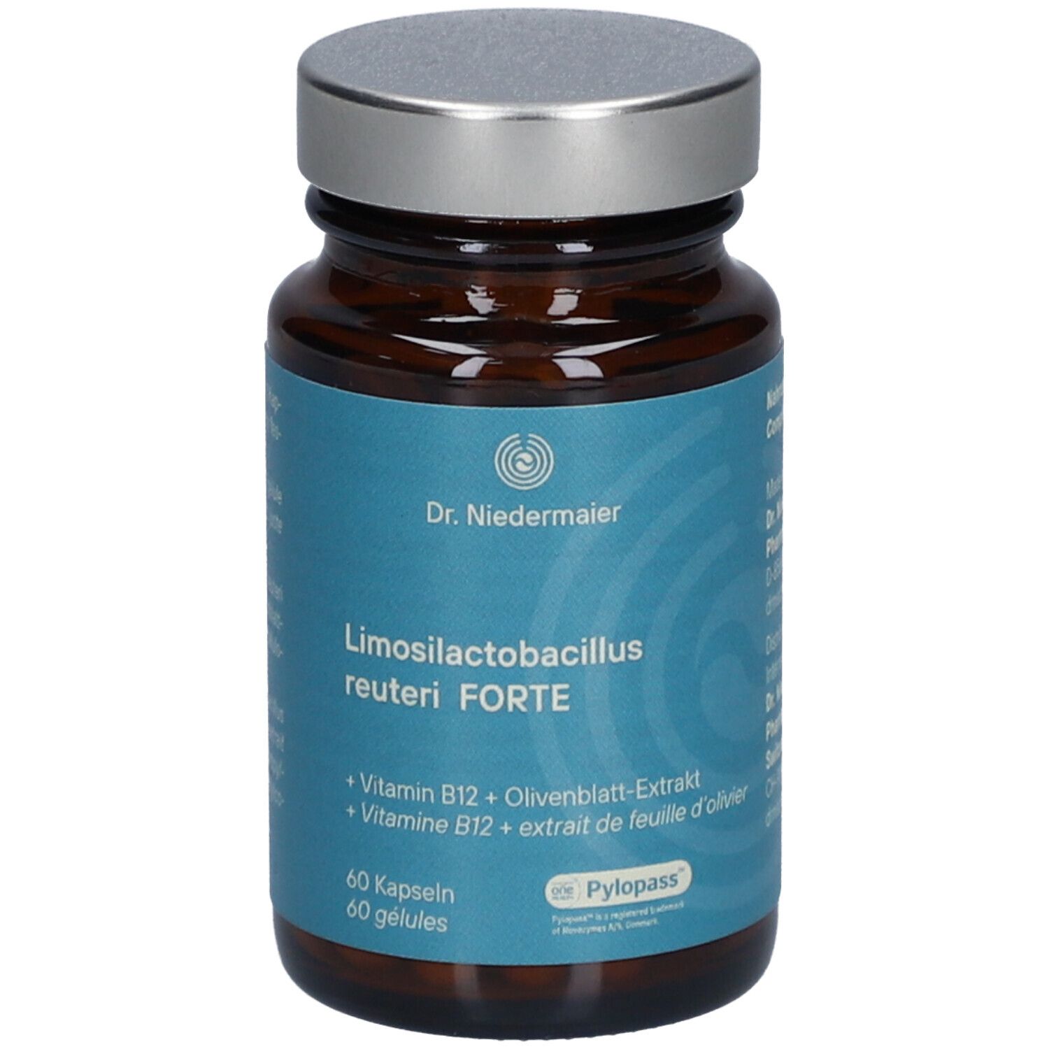 Braune Glasflasche mit silbernem Deckel. Aufschrift: Dr. Niedermaier, Limosilactobacillus reuteri FORTE, 60 Kapseln. Blaue Etiketten.