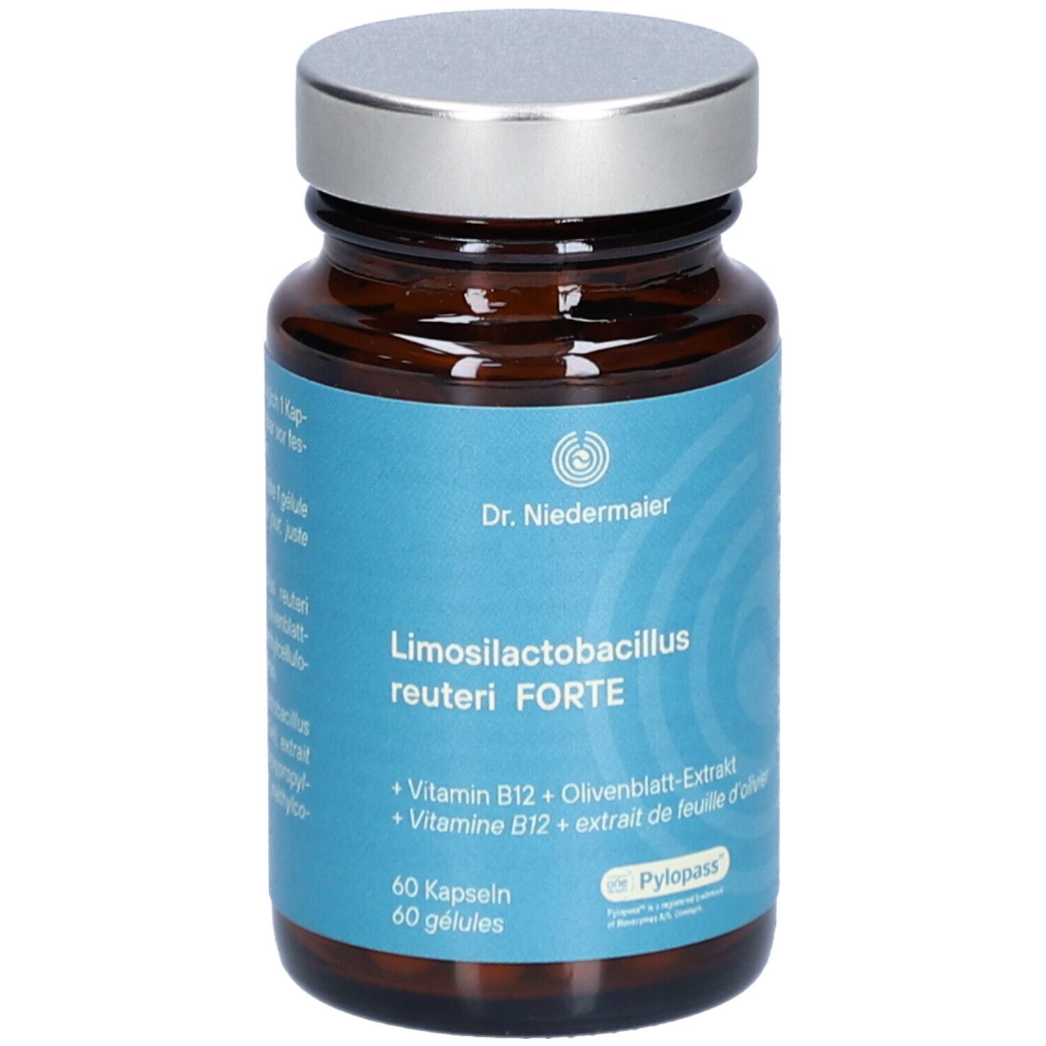Braune Glasflasche mit silbernem Deckel. Aufschrift: Dr. Niedermaier, Limosilactobacillus reuteri FORTE, 60 Kapseln. Blaue Etiketten.