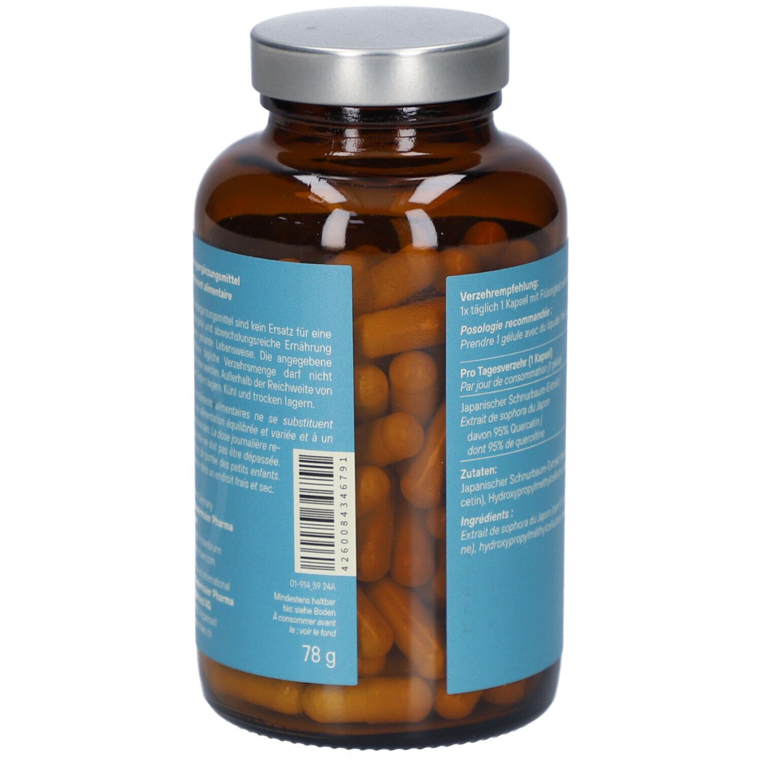 Flasche mit braunen Kapseln. Aufkleber mit Inhaltsstoffen und Dosierung. 78g.