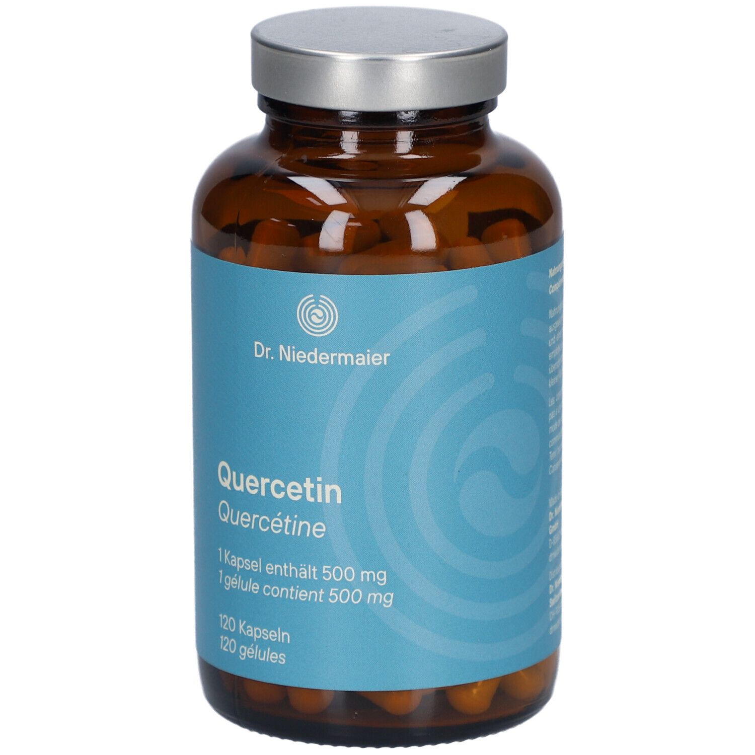 Braune Glasflasche mit silbernem Deckel. Aufkleber mit "Dr. Niedermaier" und "Quercetin". 120 Kapseln.