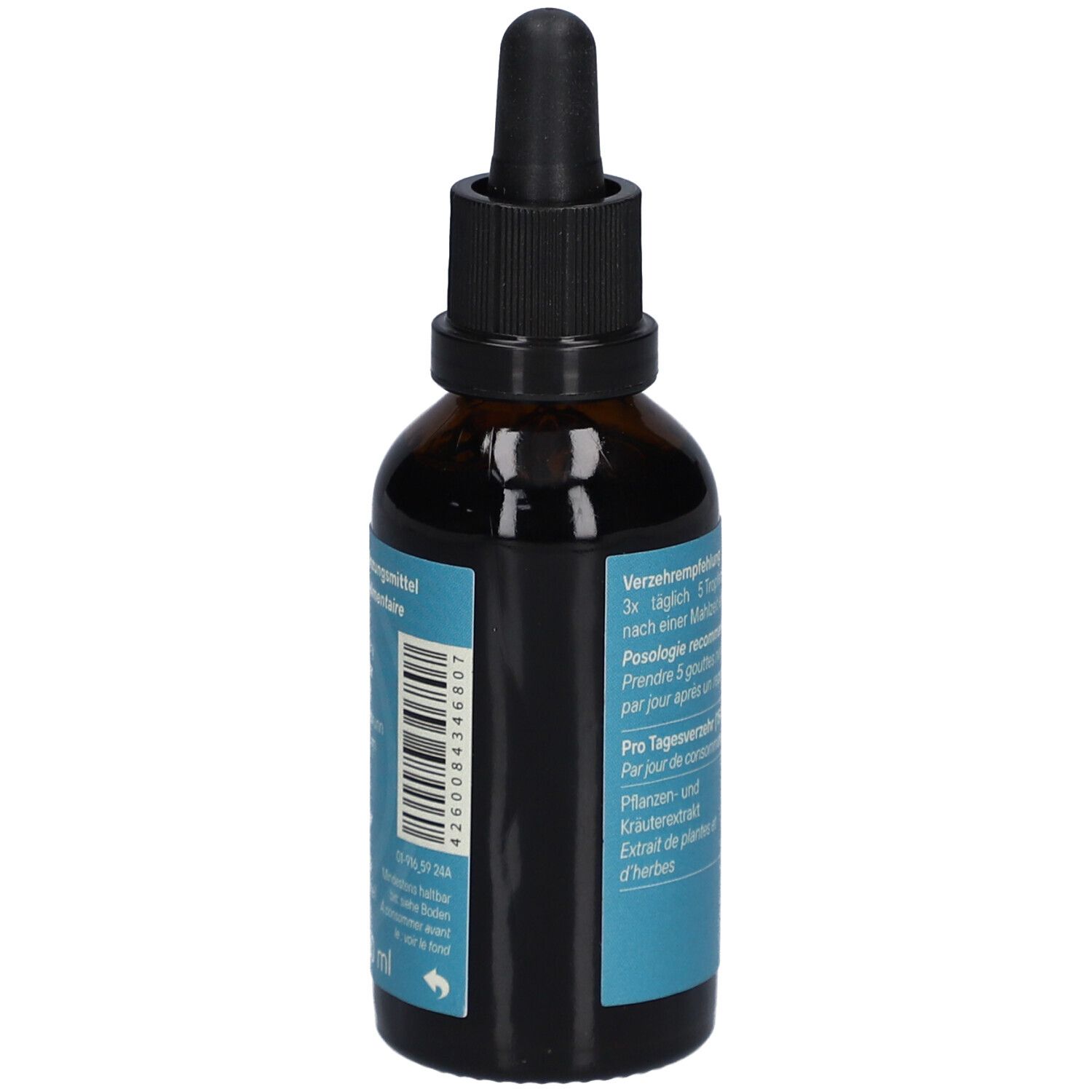 Braune Glasflasche mit schwarzem Verschluss und Pipette. Blaues Etikett mit Barcode und Produktinformationen.