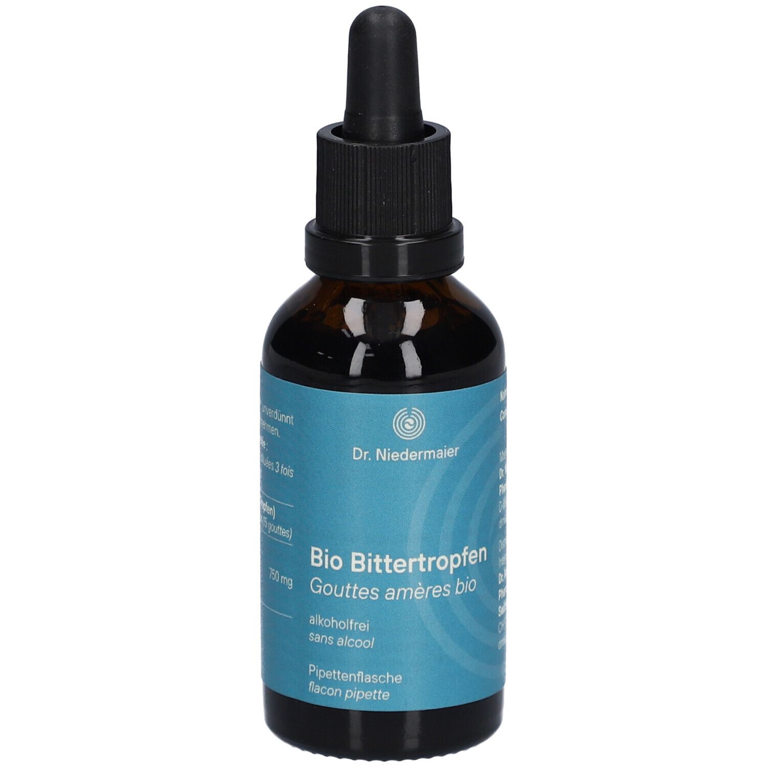 Braune Glasflasche mit schwarzem Verschluss und Pipette. Blaues Etikett mit Produktbezeichnung und Logo.