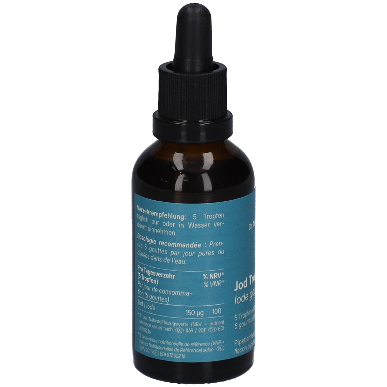 Braune Glasflasche mit schwarzem Verschluss. Blaues Etikett mit Produktinformationen und Dosierungsempfehlung.