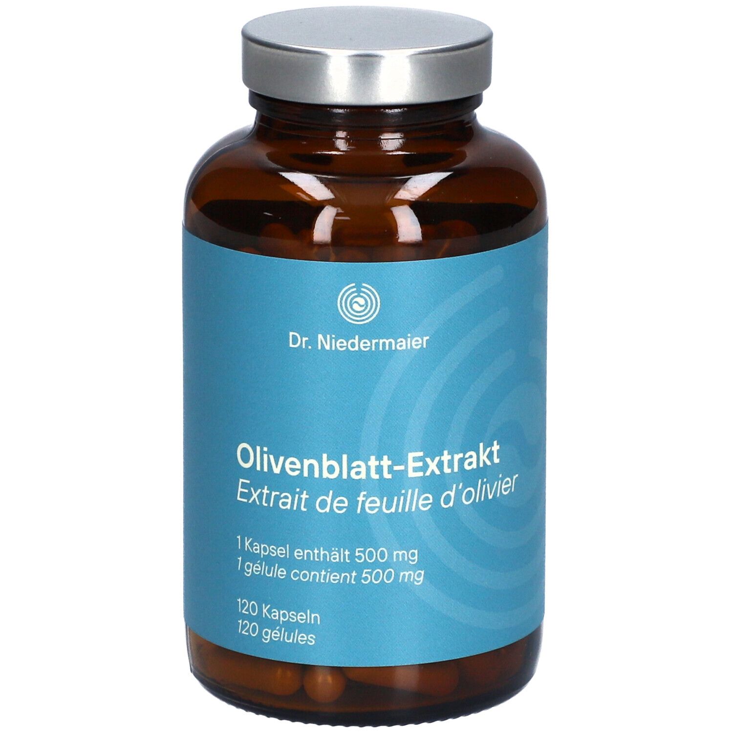 Braune Glasflasche mit silbernem Deckel. Blaues Etikett mit Produktinformationen: Olivenblatt-Extrakt, 120 Kapseln.