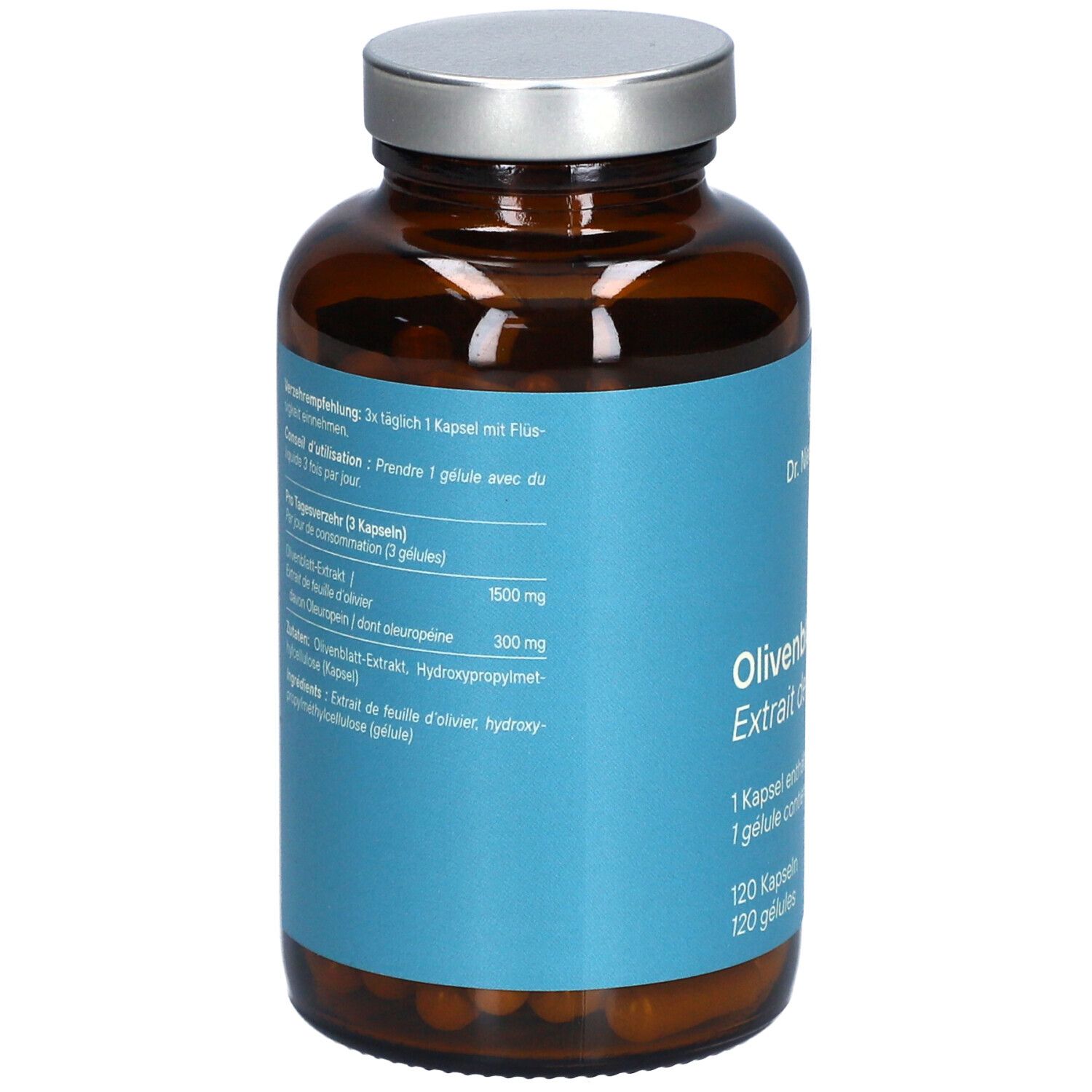 Braune Glasflasche mit silbernem Deckel. Blaues Etikett mit Produktinformationen und Inhaltsstoffen.