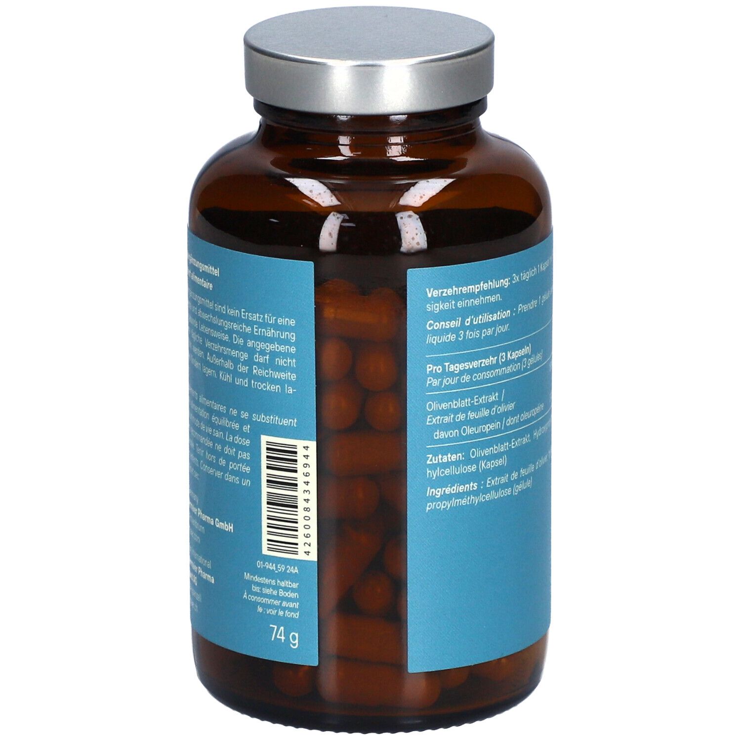 Braune Glasflasche mit silbernem Deckel. Rückseite mit Produktinformationen, Barcode und Inhalt der Kapseln.