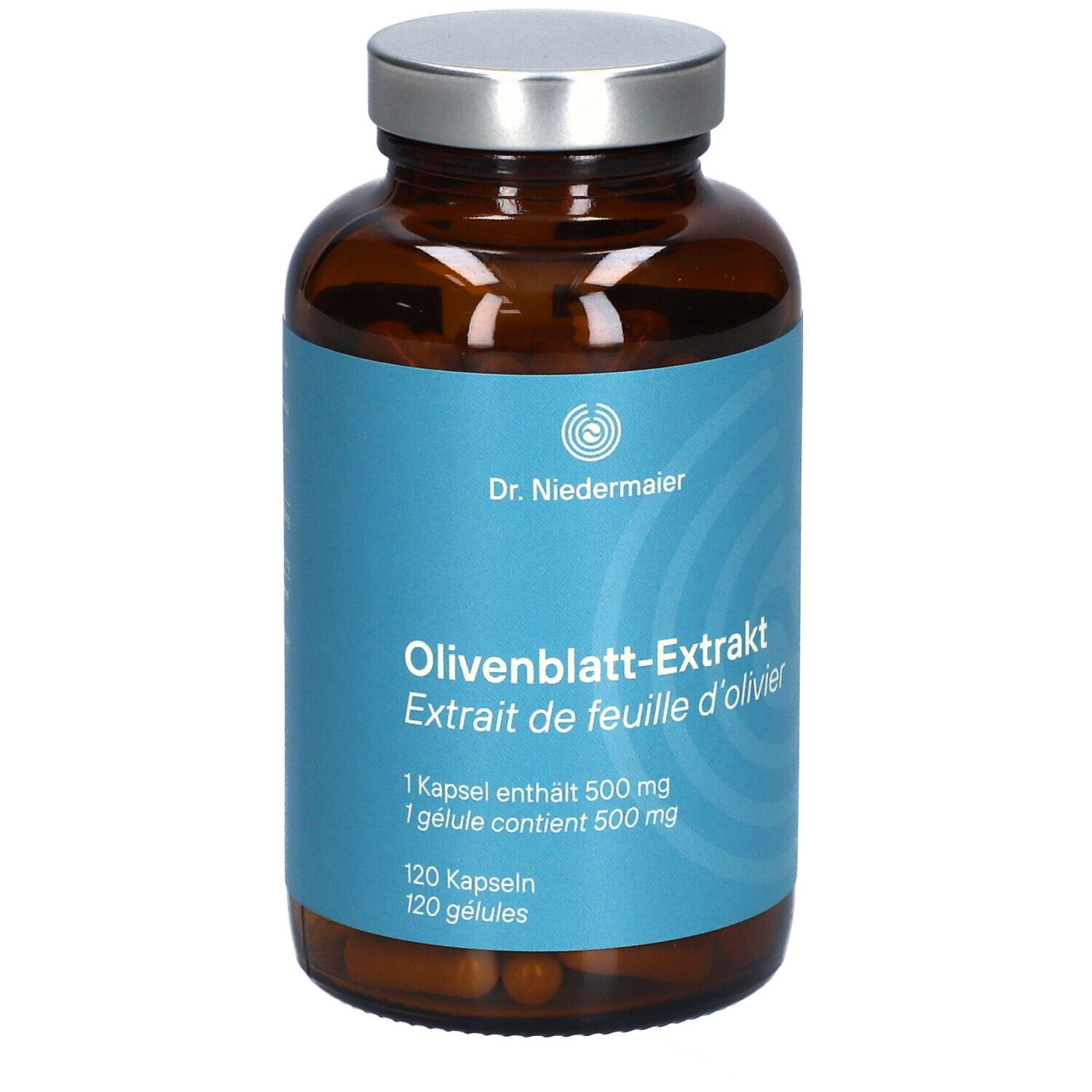 Braune Glasflasche mit silbernem Deckel. Blaues Etikett mit Produktinformationen: Olivenblatt-Extrakt, 120 Kapseln.