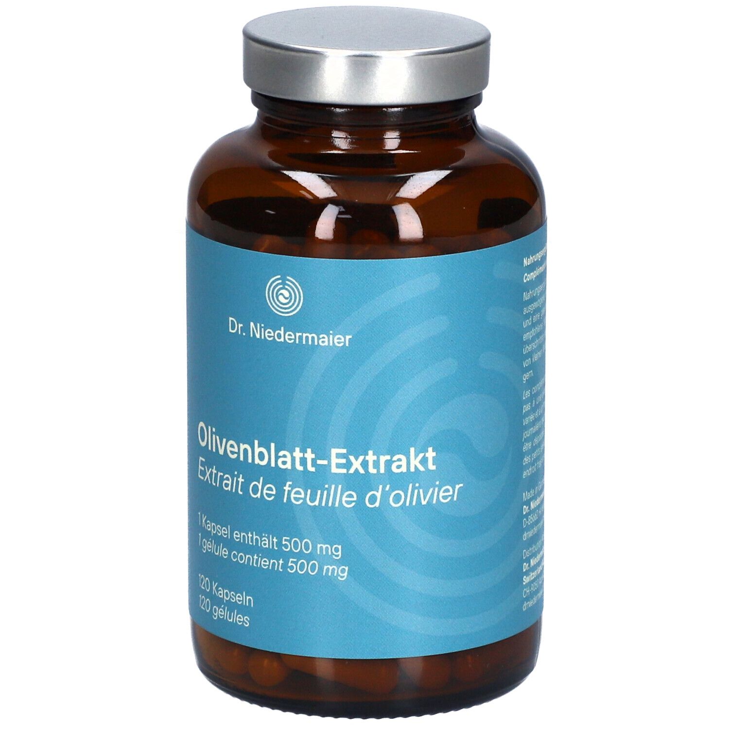 Braune Glasflasche mit silbernem Deckel. Blaues Etikett mit Produktinformationen: Olivenblatt-Extrakt, 120 Kapseln.