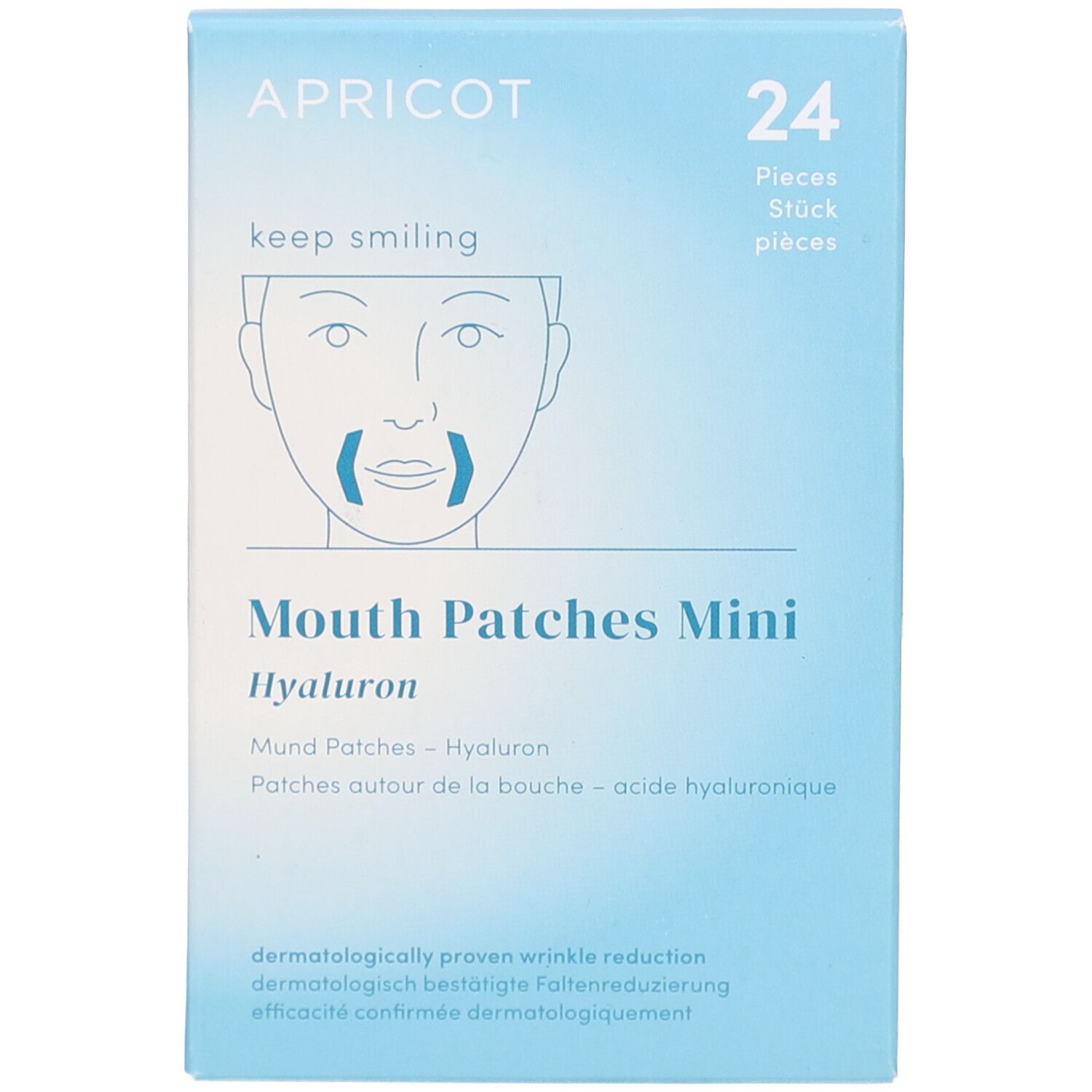 Hellblaue Verpackung mit APRICOT-Logo, 24 Stück. Mundpflaster-Mini mit Hyaluron. Gesichtsskizze mit Patch-Anwendung.