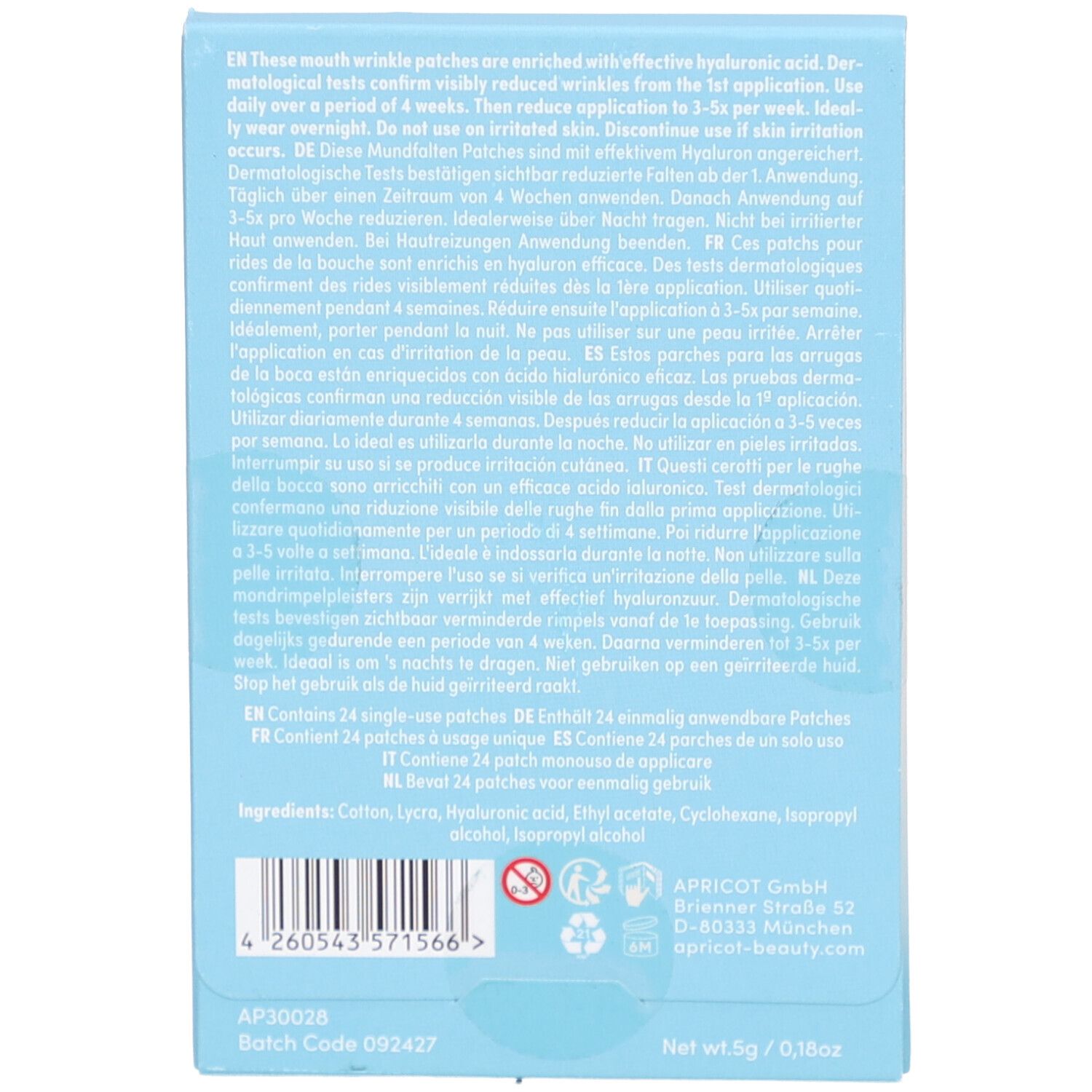 Rückseite der Verpackung mit Text in mehreren Sprachen. Enthält Informationen zu Inhaltsstoffen und Anwendung.