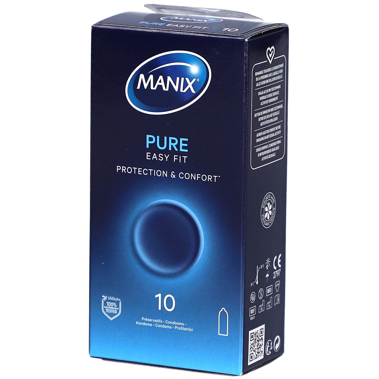 Schachtel mit Kondomen. Marke MANIX, Produktname PURE EASY FIT. Enthält 10 Stück. Blaue Verpackung mit Logo und Text.