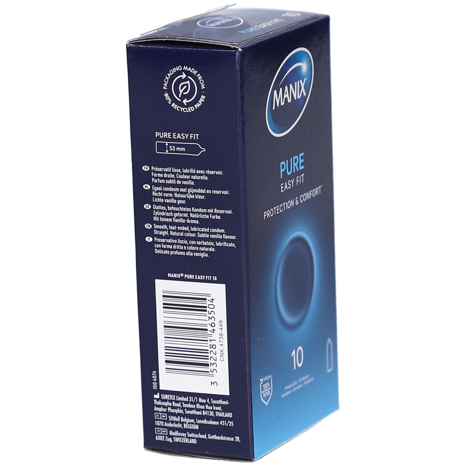 Verpackung von MANIX PURE EASY FIT. Enthält 10 Kondome. Blaue Schachtel mit Text und Logo. 53mm. Aus recyceltem Papier.