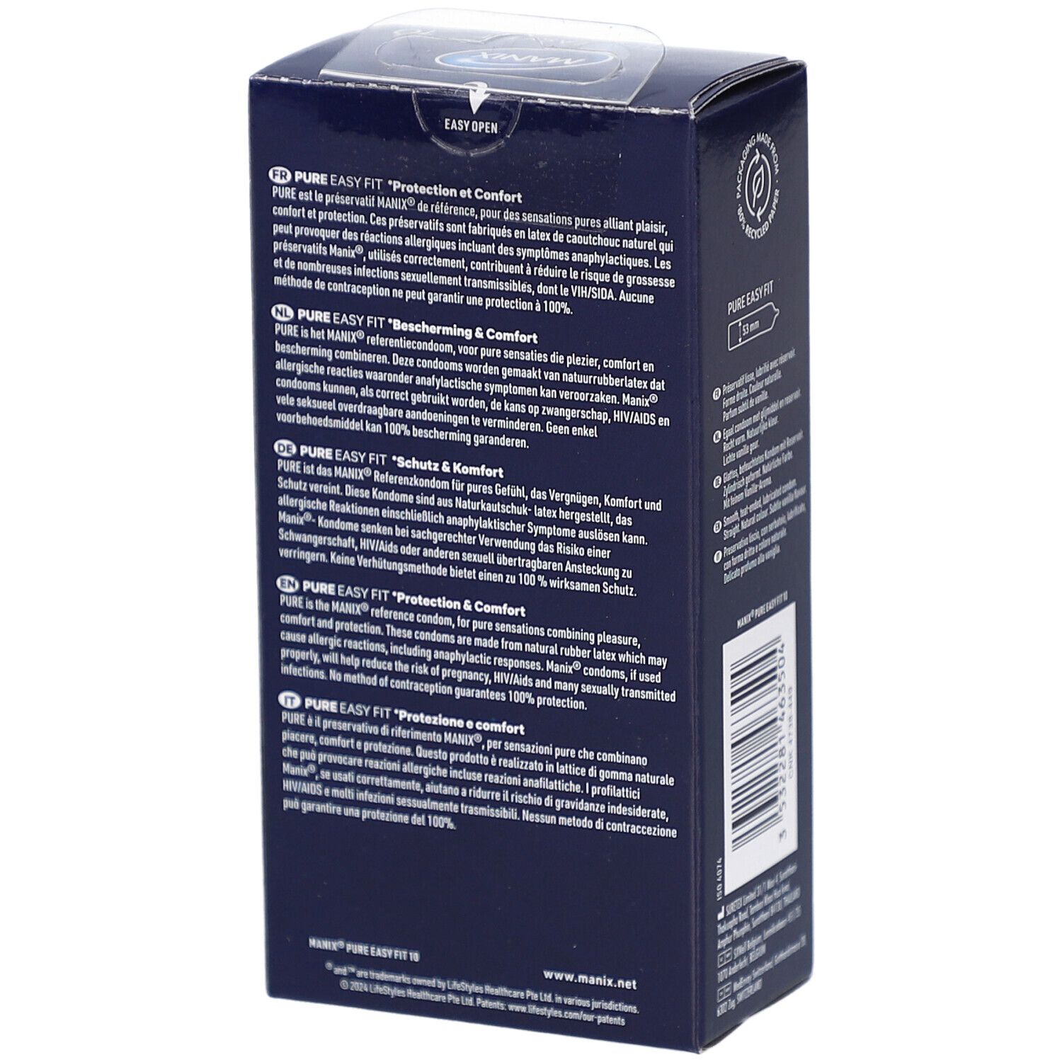 Rückseite der Verpackung von MANIX PURE EASY FIT. Text in mehreren Sprachen. Informationen zur Anwendung und Inhaltsstoffe.