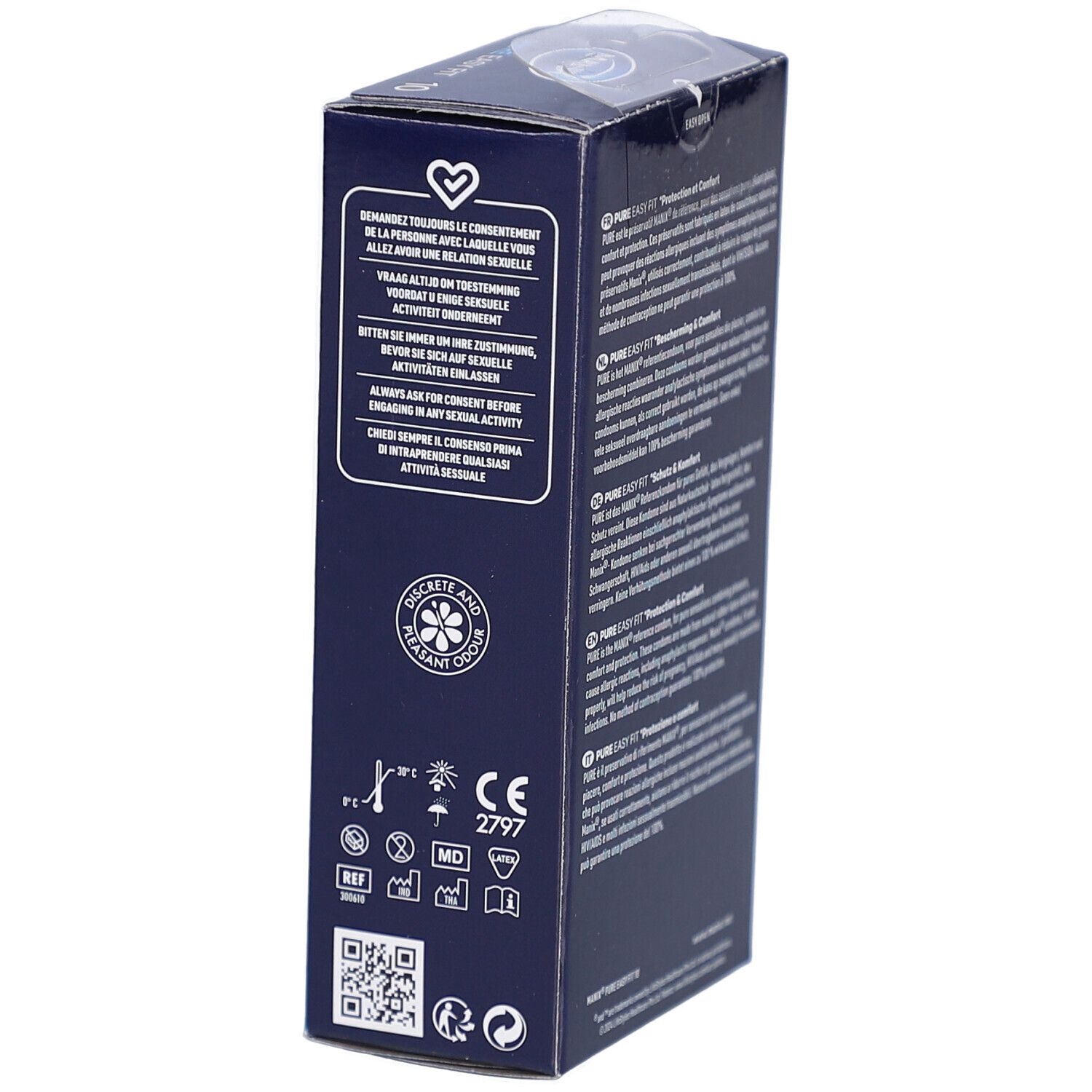 Seite der Verpackung von MANIX PURE EASY FIT. Text und Symbole. CE-Kennzeichnung. QR-Code. Informationen zur Anwendung.