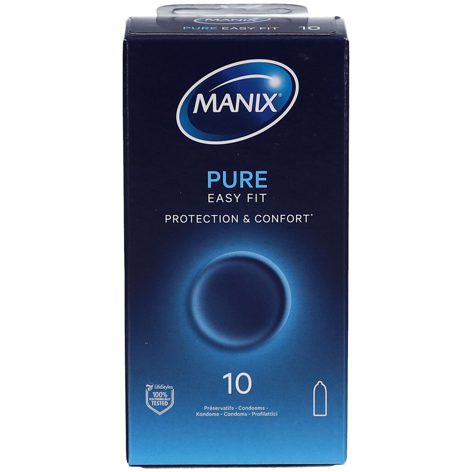 Schachtel mit Kondomen. Marke MANIX, Produktname PURE EASY FIT. Enthält 10 Stück. Blaue Verpackung mit Logo und Text.