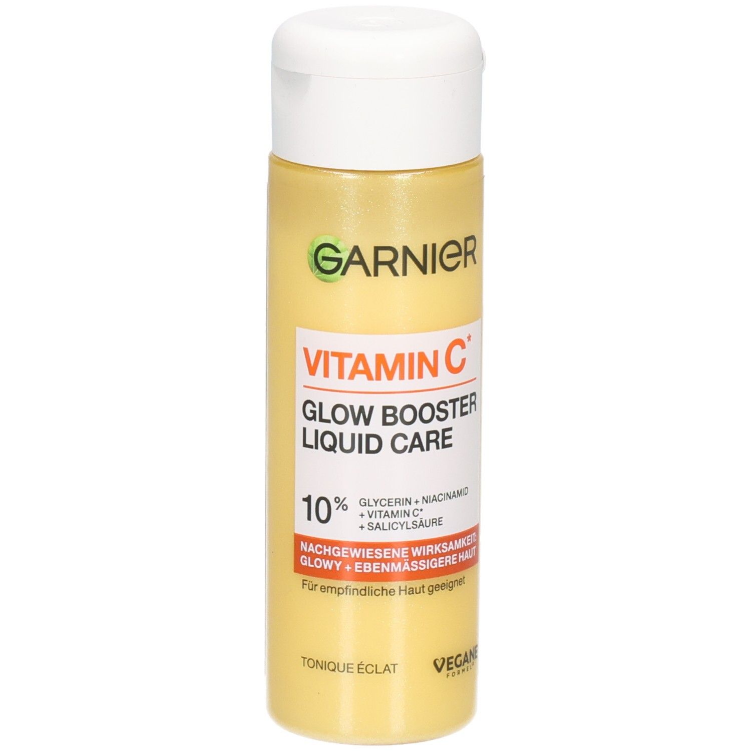 Garnier Vitamin C Glow Booster Liquid Care Gesichtsfluid in gelber Flasche mit weißem Klappdeckel.
