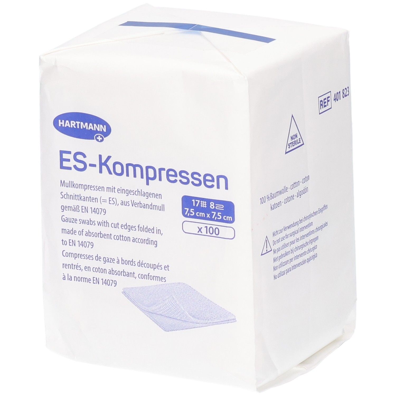Hartmann ES-Kompressen, Mullkompressen mit eingeschlagenen Schnittkanten, 7,5 x 7,5 cm, 100 Stück.